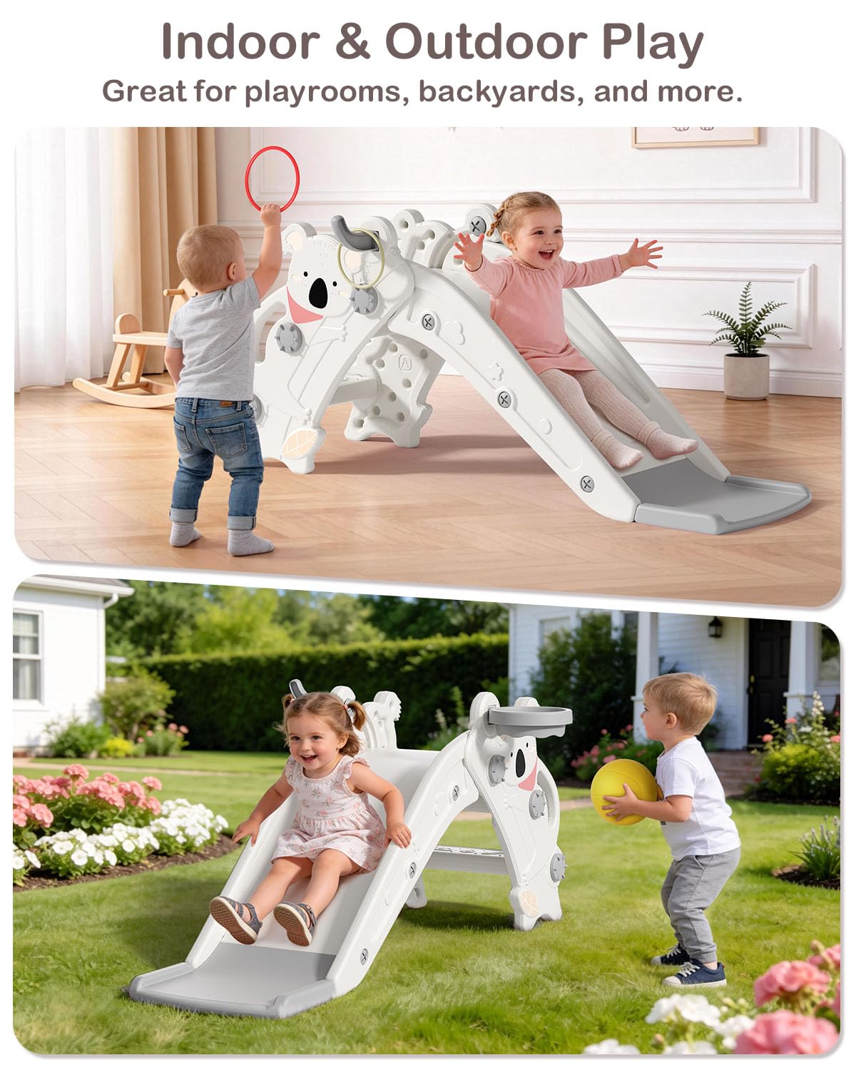 Babytronic Toddler Slide Indoor & Outdoor Playground, 4-in-1 Baby Slide with Climber, Basketball Hoop & Ring Toss, Foldable Freestanding Kids Slide, Climber Playset for Toddlers Ages 1-3, Cream & Gray