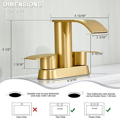 Miniatura 3 de Ultimate Unicorn Grifo de Baño para Lavabo Dorado Cepillado, Grifo de Lavabo de Baño de 4 Pulgadas para 3 o 2 Agujeros, Grifos de Cascada de 2