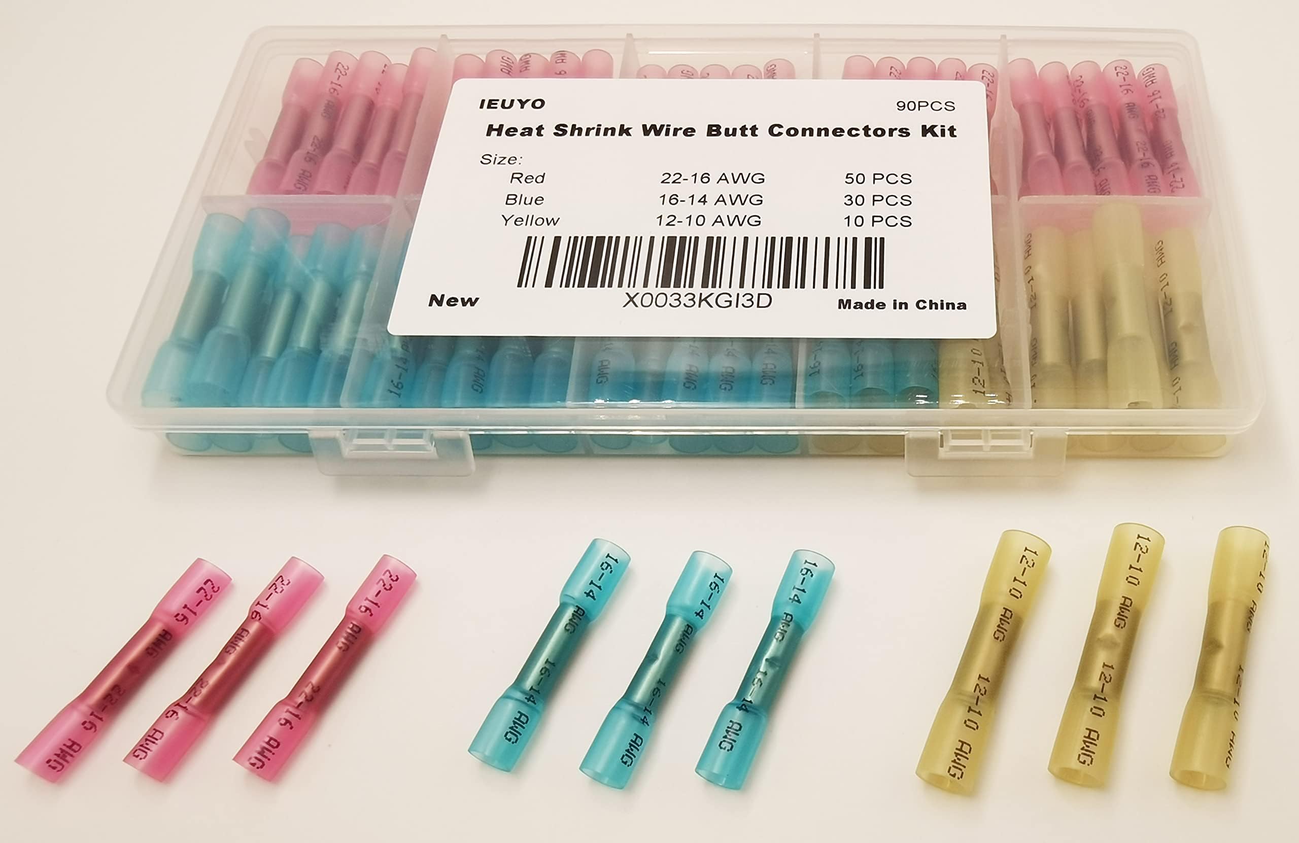 Heat Shrink Butt Connectors Kits Butt Terminals Insulated Waterproof Copper Wire Electrical Connector 12-22AWG(90PCS 3 Sizes)