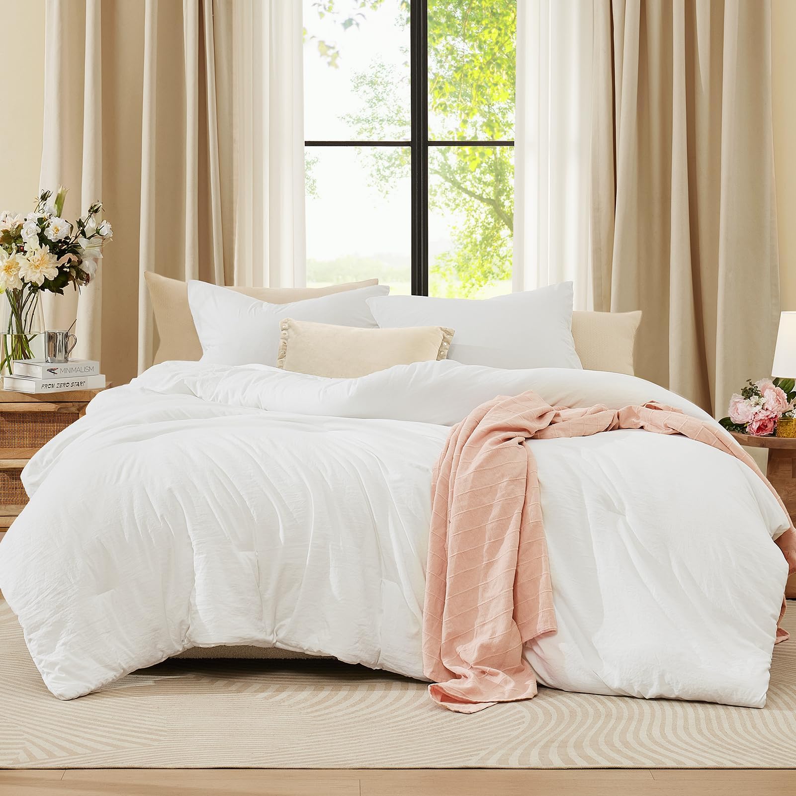WRENSONGE White Queen Size Comforter Sets, 3 Piece Soft Microfiber Bed in a Bag Queen(1 Comforter with 2 Pillow Shams) - White Warm Queen Comforter Bedding Set Suitable for All Seasons
