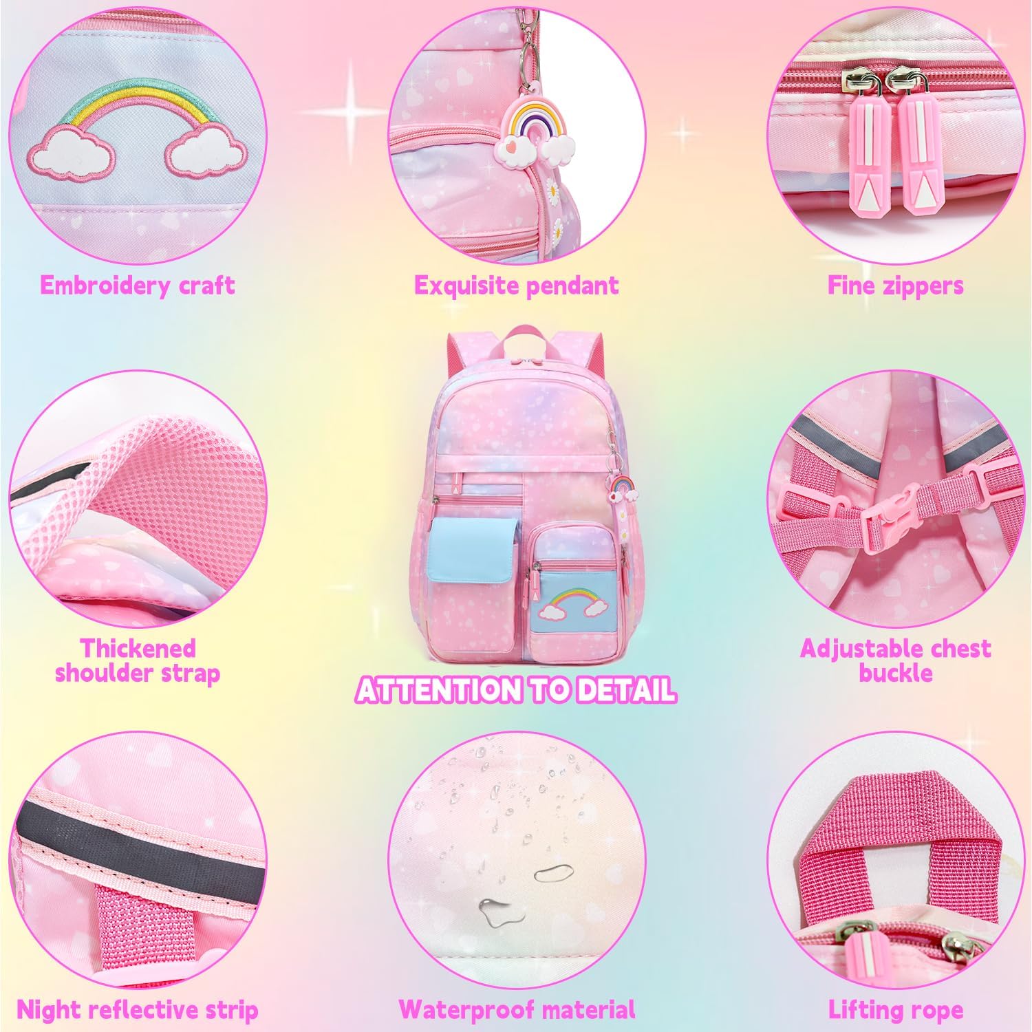 School Backpack for Girls Rainbow Cute Kids Backpack for Back to School Laptop Travel Bag With pencil Case (Pink set) - Image 3