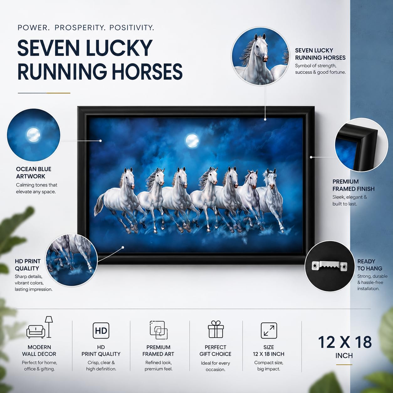 LIFEHAXTORE ® Xtore Seven Lucky Running Vastu Horses Art Framed Painting (Ocean Blue, 12 Inch x 18 Inch) 2