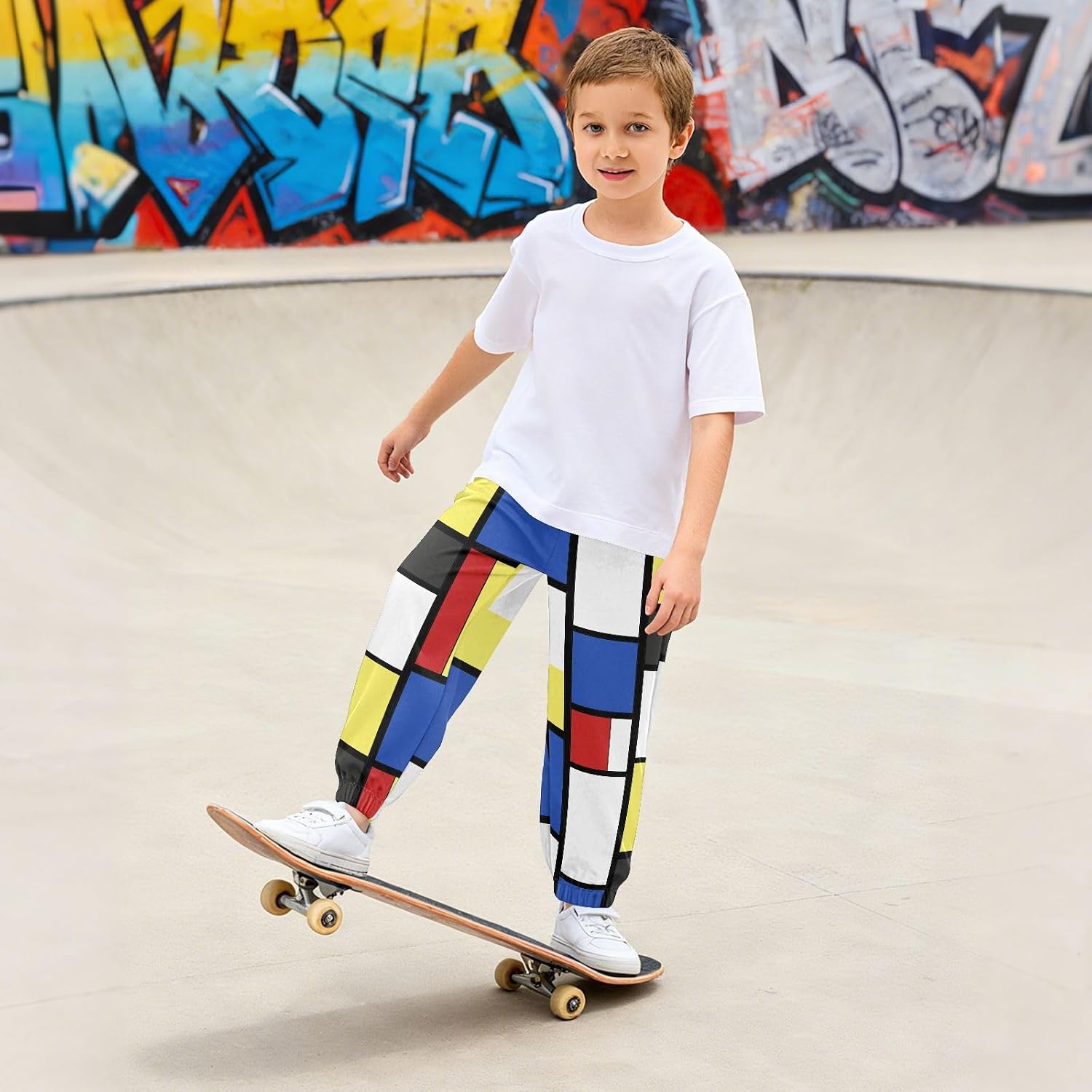 Boy Sweatpants Mondrian Color Blocks Joggers Casual Athletic Pants Kids Elastic Waist Cuffed with Pockets