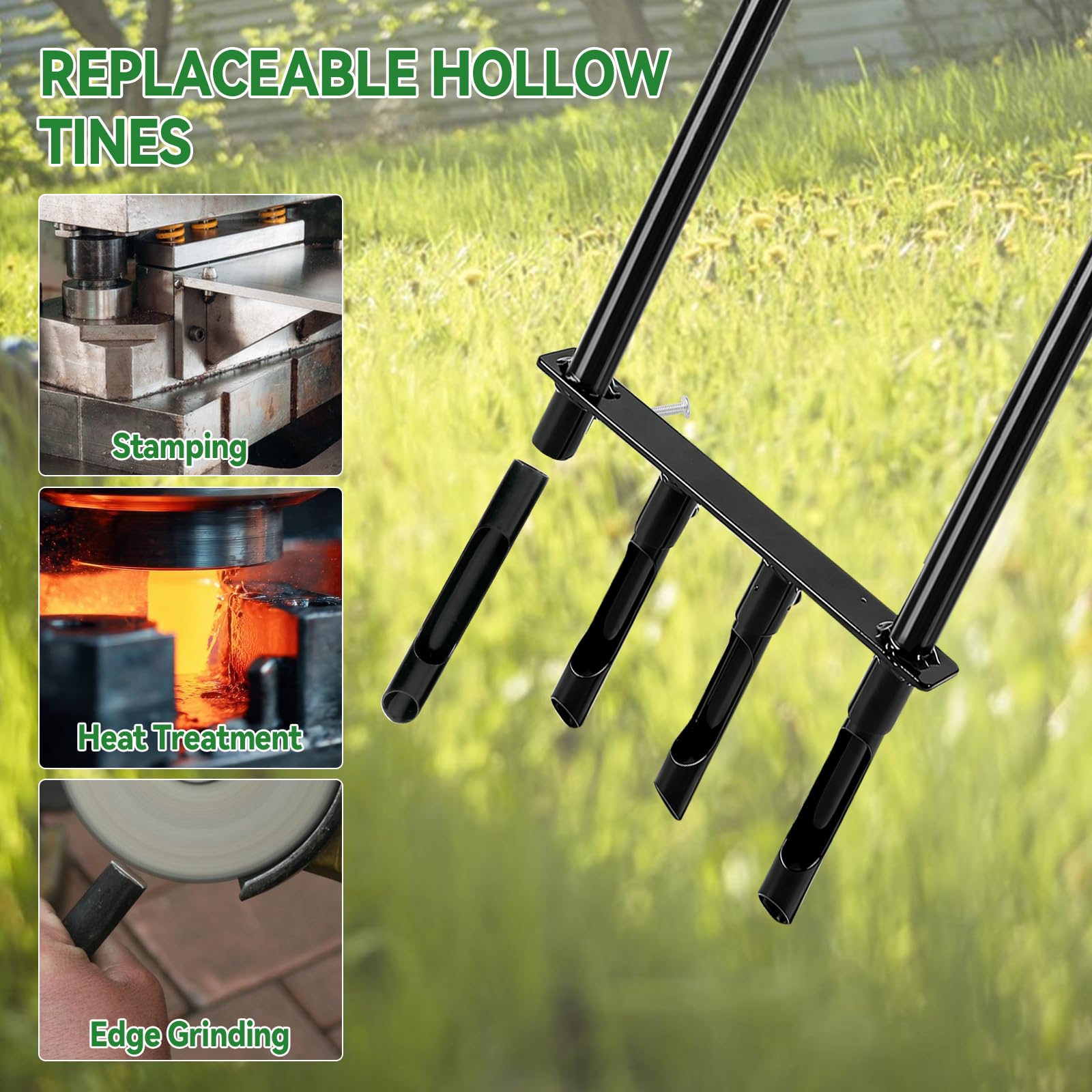 CDIYTOOL Aireador de césped, aireador de césped de jardinería para cuidado del césped y suelo compactado, 4 puntas, resistente, mango largo, tapón manual de suelo de jardín con herramienta de limpieza