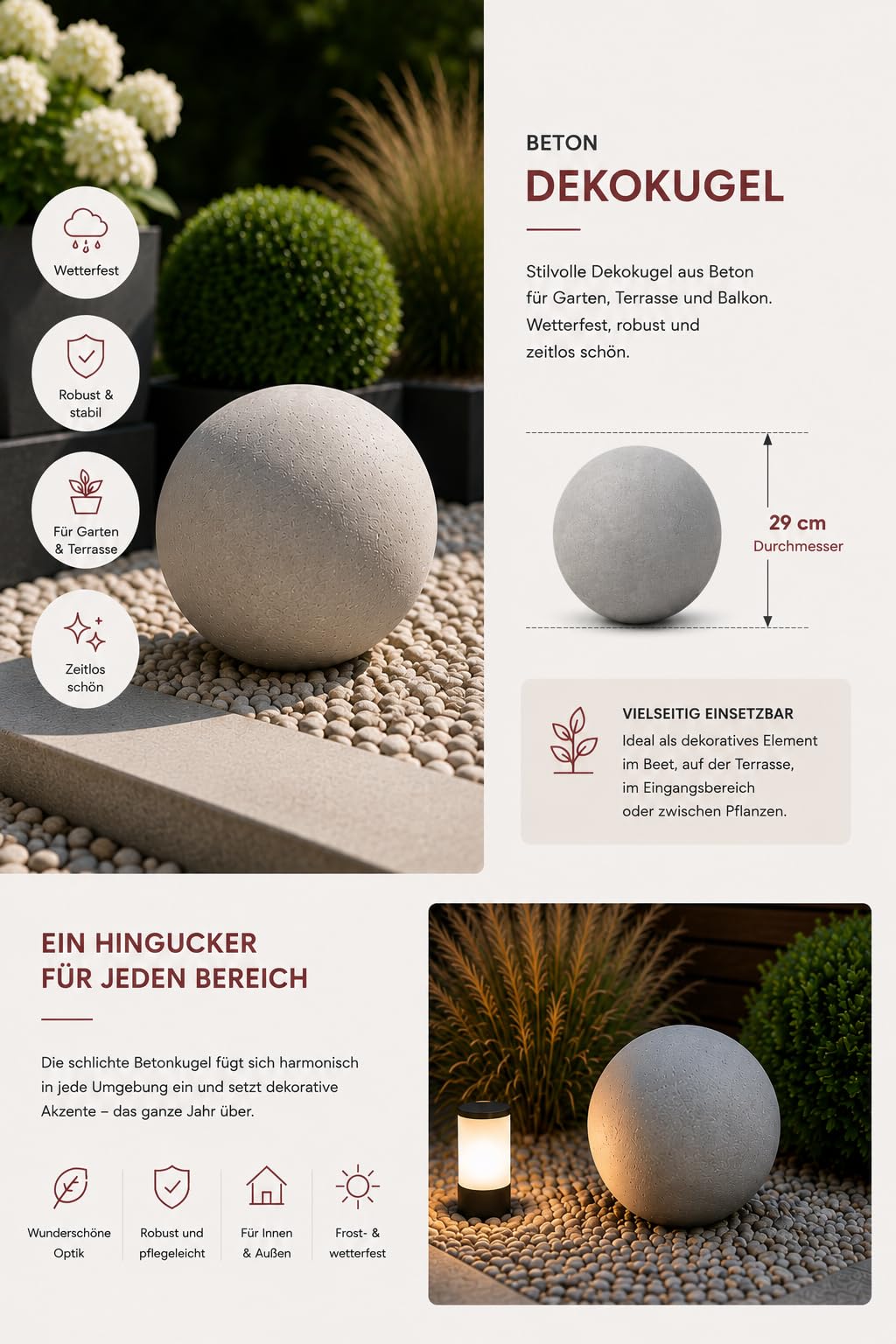 Beton Dekokugel Ø 29 cm Gartenkugel Wetterfest Gartendeko für Terrasse Beet Eingangsbereich Zementkugel Betonkugel