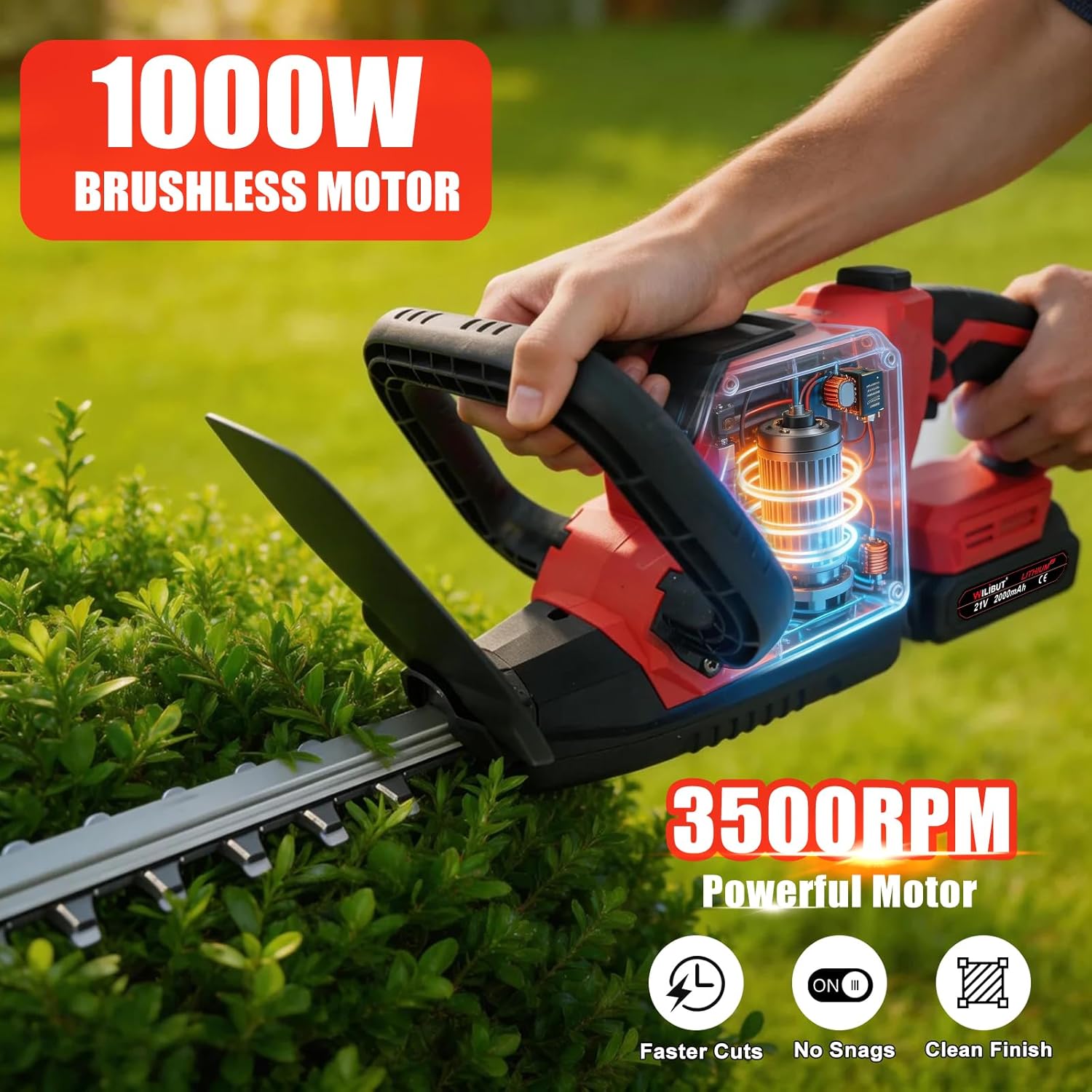 22" Cordless Hedge Trimmer, Electric Bush Trimmer with LCD Power Display, 180° Rotatable Handle, 3500RPM, SK5 Dual-Action Blade Hedge Clippers Handheld with 2 Pack Battery and Charger, Red