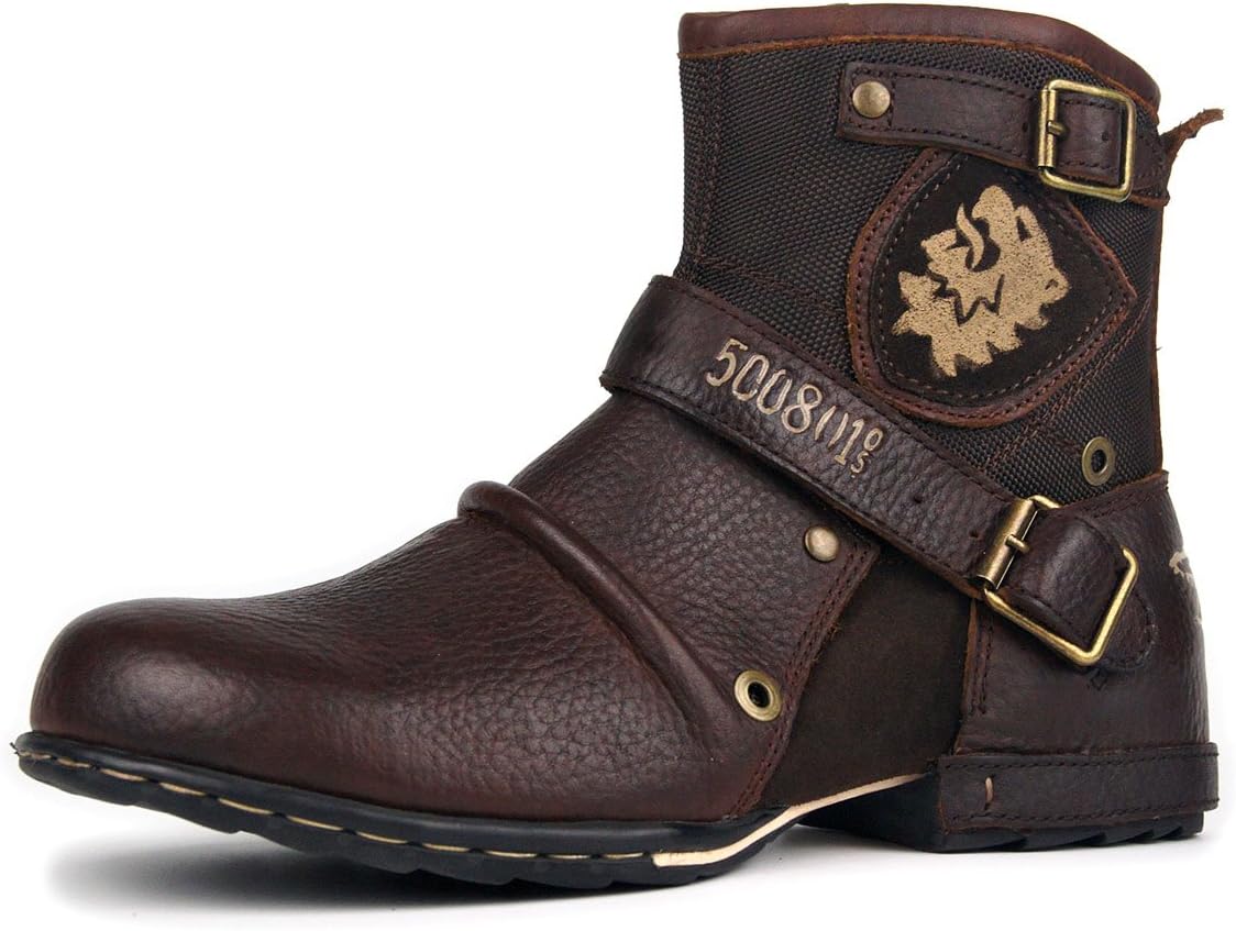OSSTONEMoto Boots for Men Fashion Zipper-up Leather Chukka Boots Casual Shoes Retro Style OS-5008-1-DA1B1