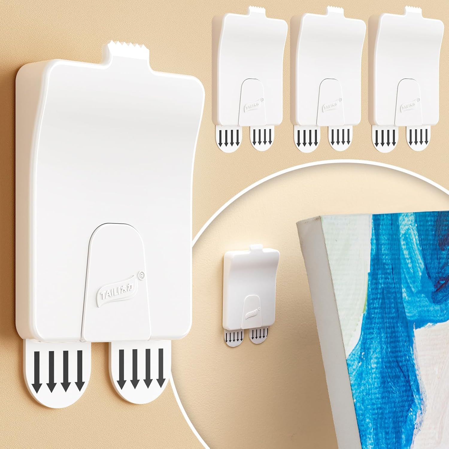 TAILI Picture Hangers 4 Pcs, Damage Free Picture Hangers for Walls?Adhesive Picture Hanging Hooks Without Nails?Art Hanger for Bathroom Kitchen Home Door Closet, Inclue 2 Extra Strips Canvas Hangers-4 Large