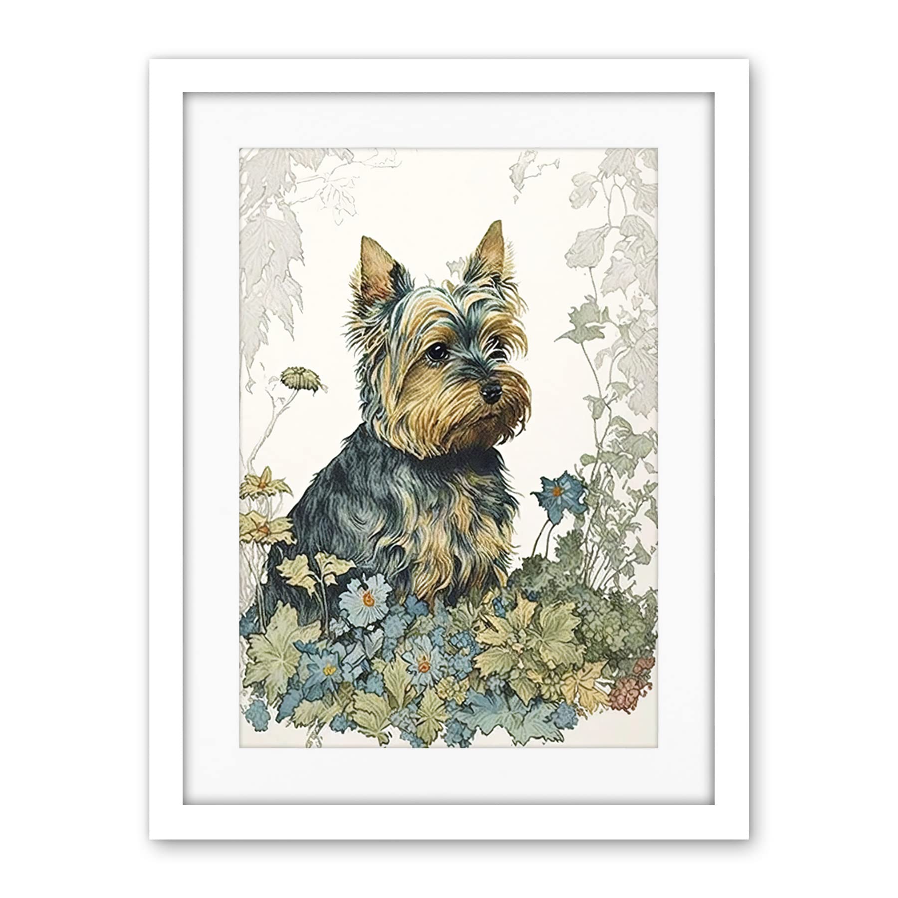 Artery8 Yorkshire Terrier Dog in Wildflowers Watercolour Illustration Artwork Framed Wall Art Print 18X24 Inch