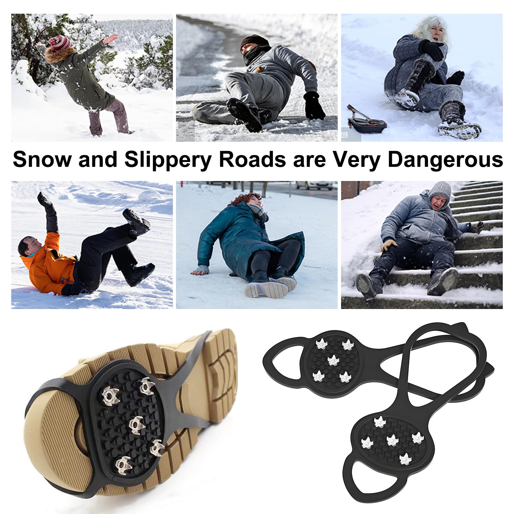 2 Paar Anti-Rutsch Schuhspikes, Grödel Steigeisen für Bergschuhe mit 5 Zähne, rutschfeste Schuhkrallen, Ice Grips Eisspikes für Schuhe Stiefel, Antirutsch Spikes zum Überziehen für Wandern Outdoor