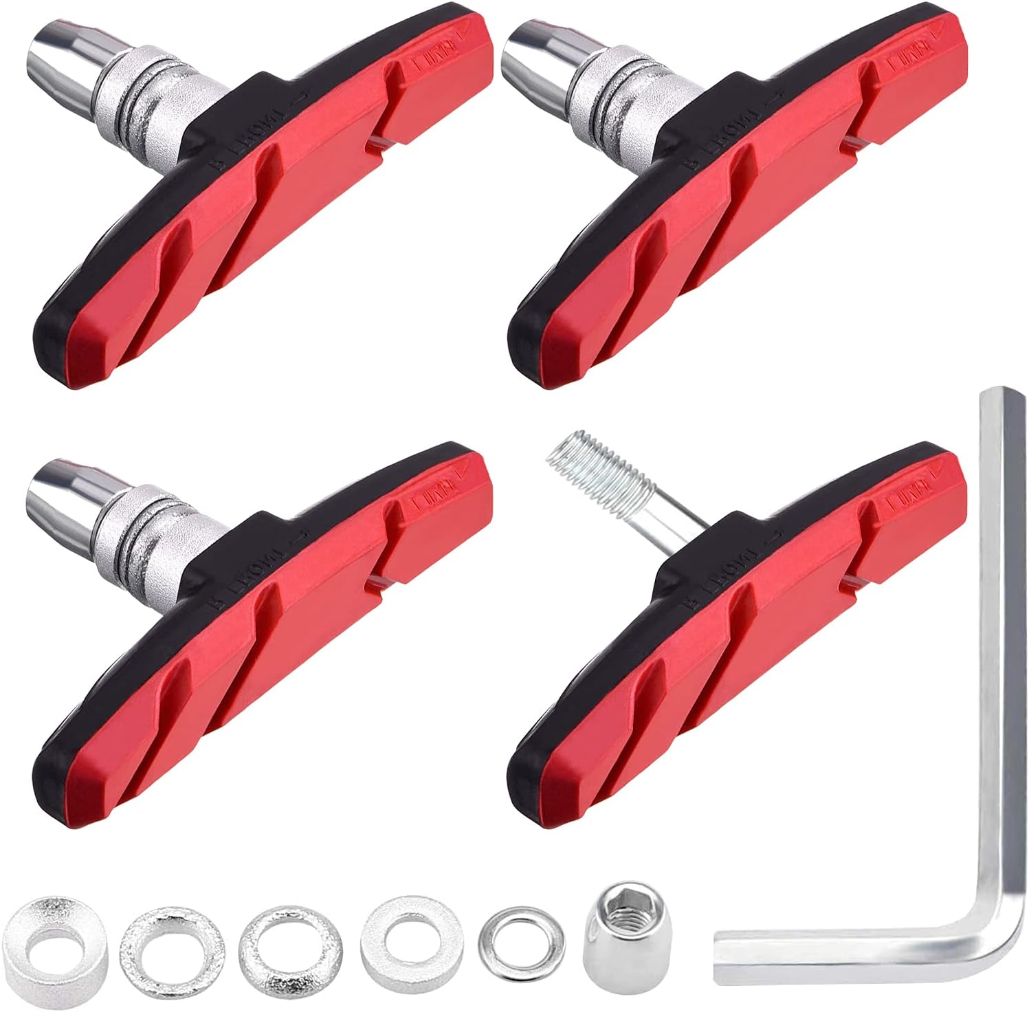 Grantop V Bike Brake Pads, 2 Pairs V Bicycle Brake Blocks Set 70 mm Road Bike Brake Pads with Hex Nuts and Spacers for Mountain Bikes Bicycle, Hex Wrench Included (Red)