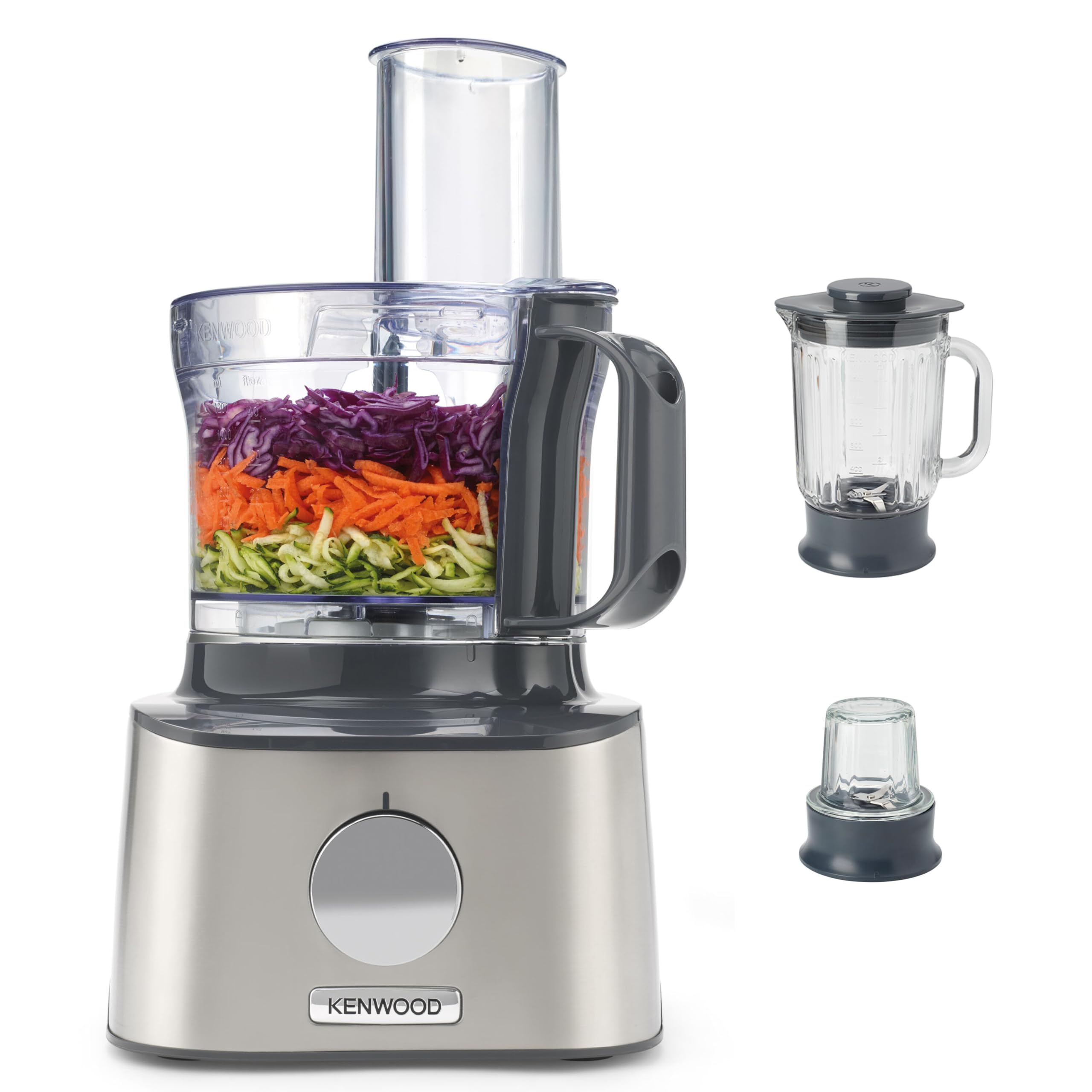 Kenwood Multipro Compact Food Processor, 1.2L Bowl, 1.2L Thermo-resist Glass Blender, Dough Hook, Whisk, Reversible Slicing and Grating Discs, Spice Mill, 800 W, FDM302SS, Silver