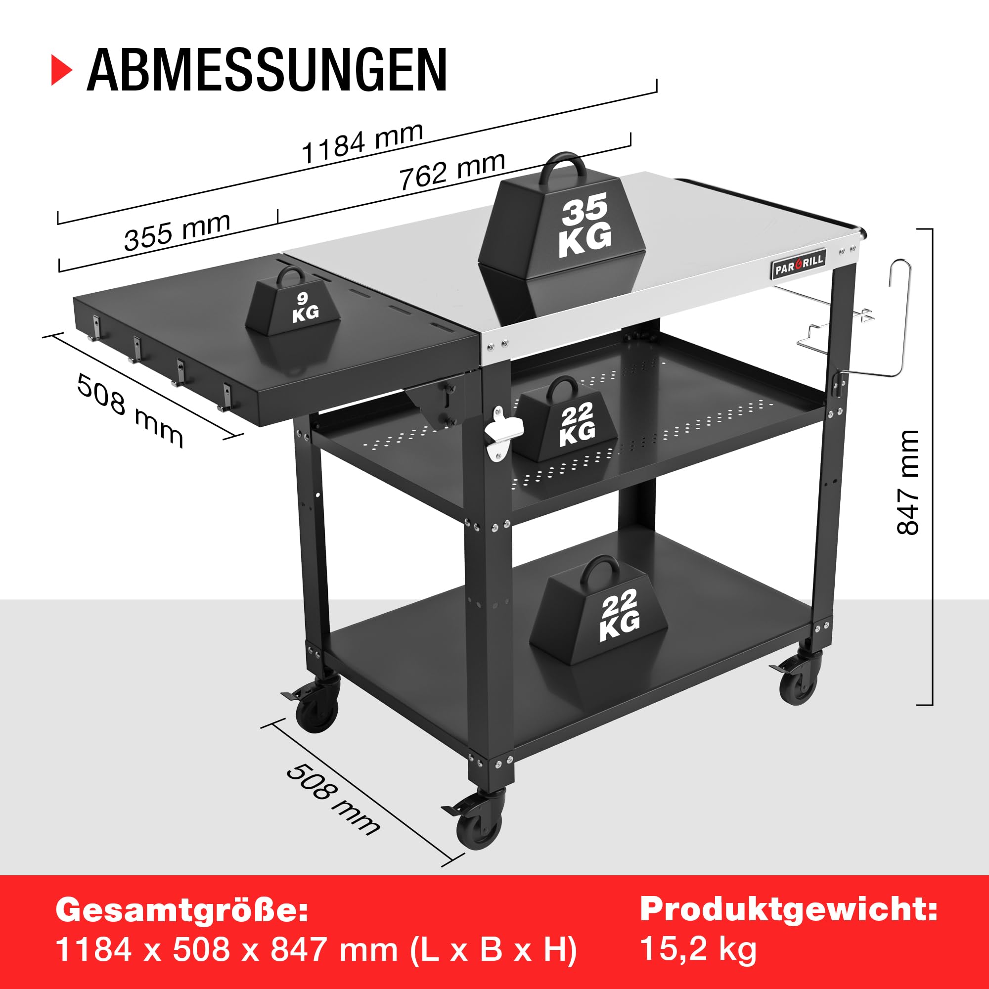 PARGRILL Grillwagen Edelstahl klappbarer Beistelltisch 3 Ebenen 360° Rollen mit Bremse Outdoor Grilltisch BBQ Garten