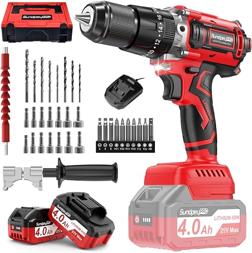 1060In·lbs 21V Brushless Cordless Power Hammer Drill Driver Set | 2 x 4.0Ah Batteries & Charger, 20+3 Torque Settings, 2 Speeds, 1/2" Metal Chuck for Lightweight-Concrete Wood Metal Drilling