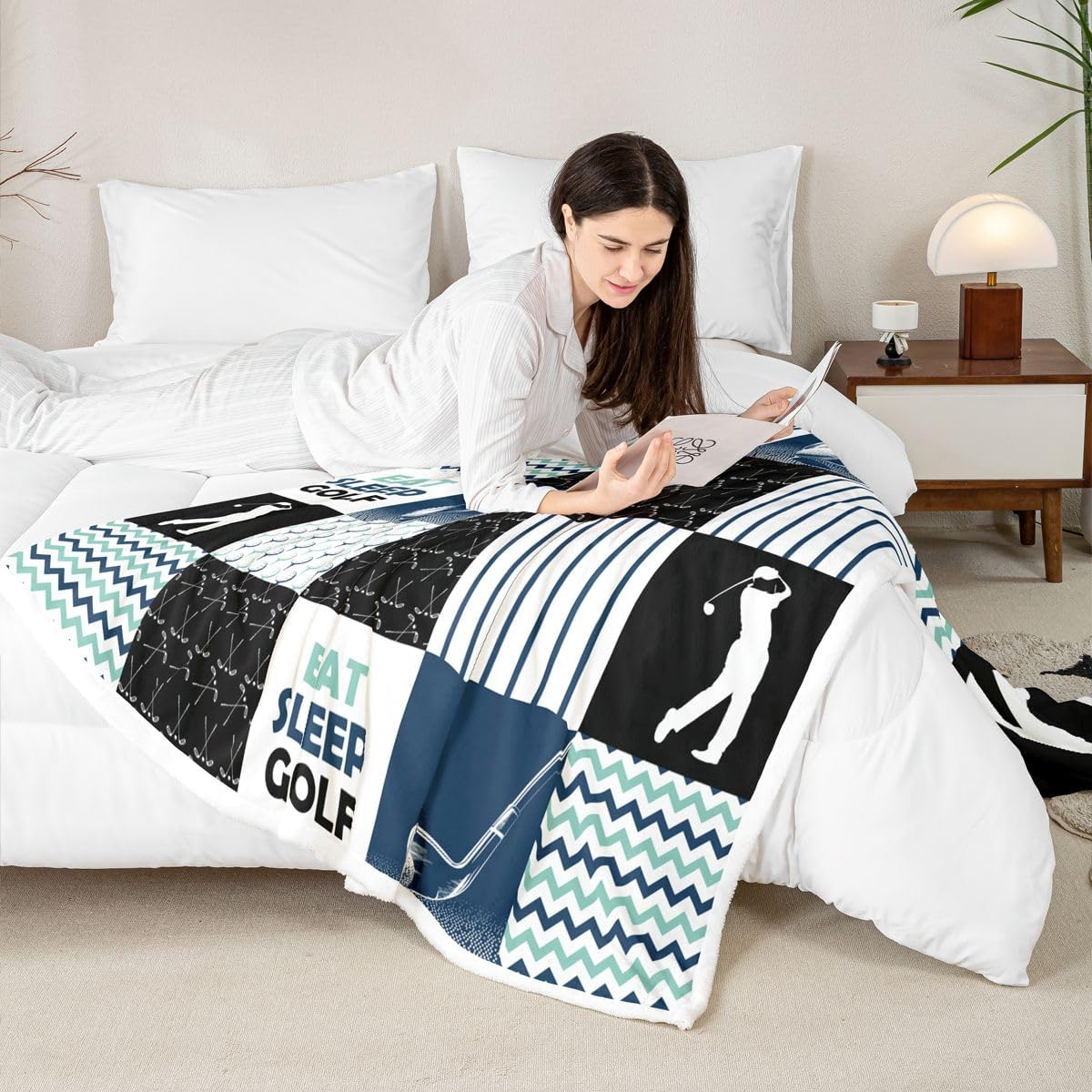 Erosebridal Golf Throw Blankets Sports Games Fleece Blanket Twin Size, Athlete Silhouette Patchwork Design for Kids Boys Teens Adults, Golf Lovers Lattice Ripple Sherpa Blanket, Blue Black