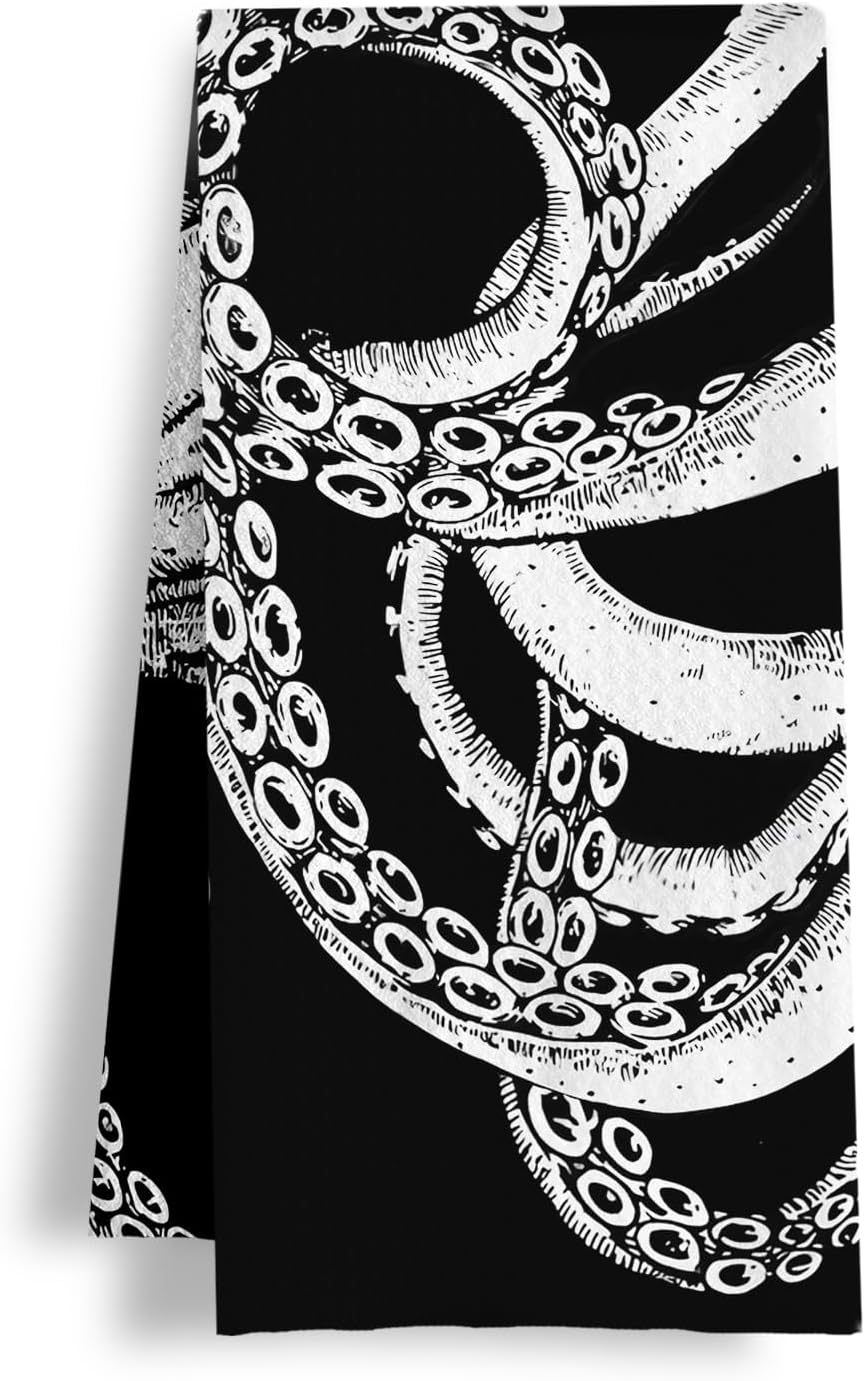 Octopus Coastal Beach Kitchen Towels, Octopus Bathroom Decor,Nautical Dish Tea Towels, Gifts for Beach Lovers Decorative Hand Towel for Bathroom Kitchen, 16x24 Inch