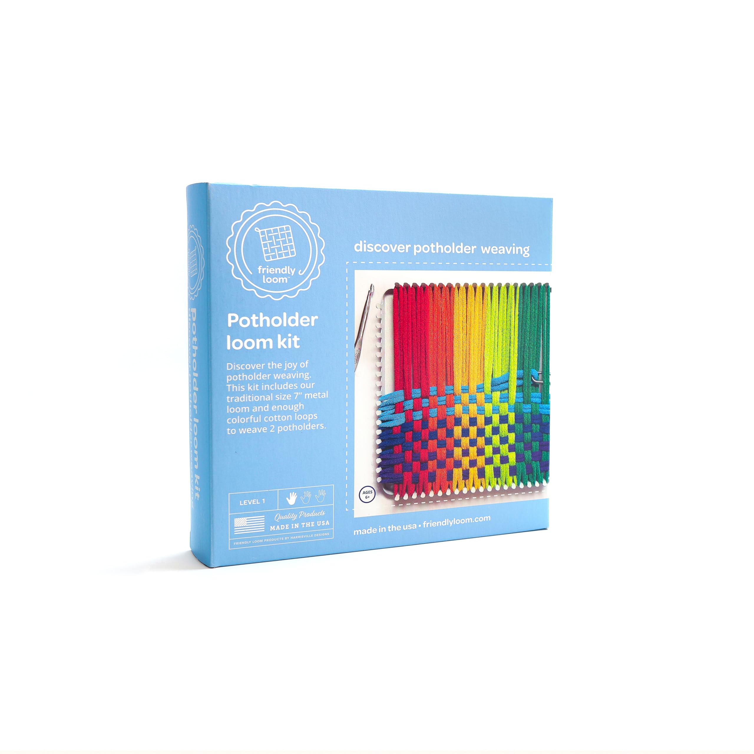 Friendly Loom 7” Traditional Potholder Weaving Kit | Sturdy Metal Loom and Quality Cotton Weaving Loops in Rainbow Colors | Complete Kit to Weave 2 Functional Potholders | Made in the USA