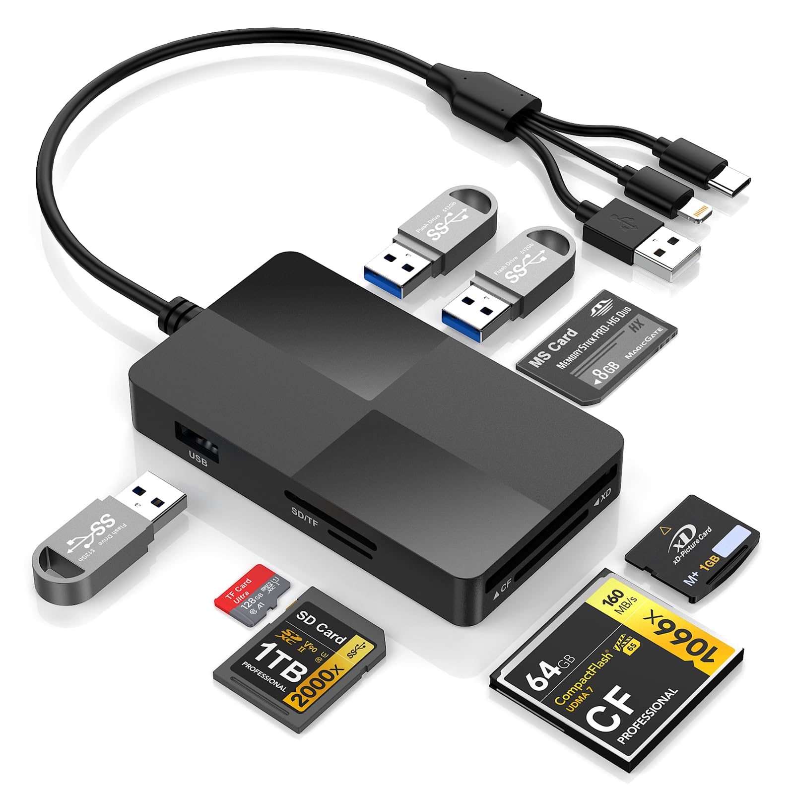 Lecteur de carte mémoire 8 en 1 avec connecteurs Lightning USB-C USB-A, lecteurs d'adaptateur Memory Stick Pro Duo pour cartes SD/TF/MS/CF/XD avec 3 ports USB 2.0 Lecteur de cartes XD pour iPhone/iPad