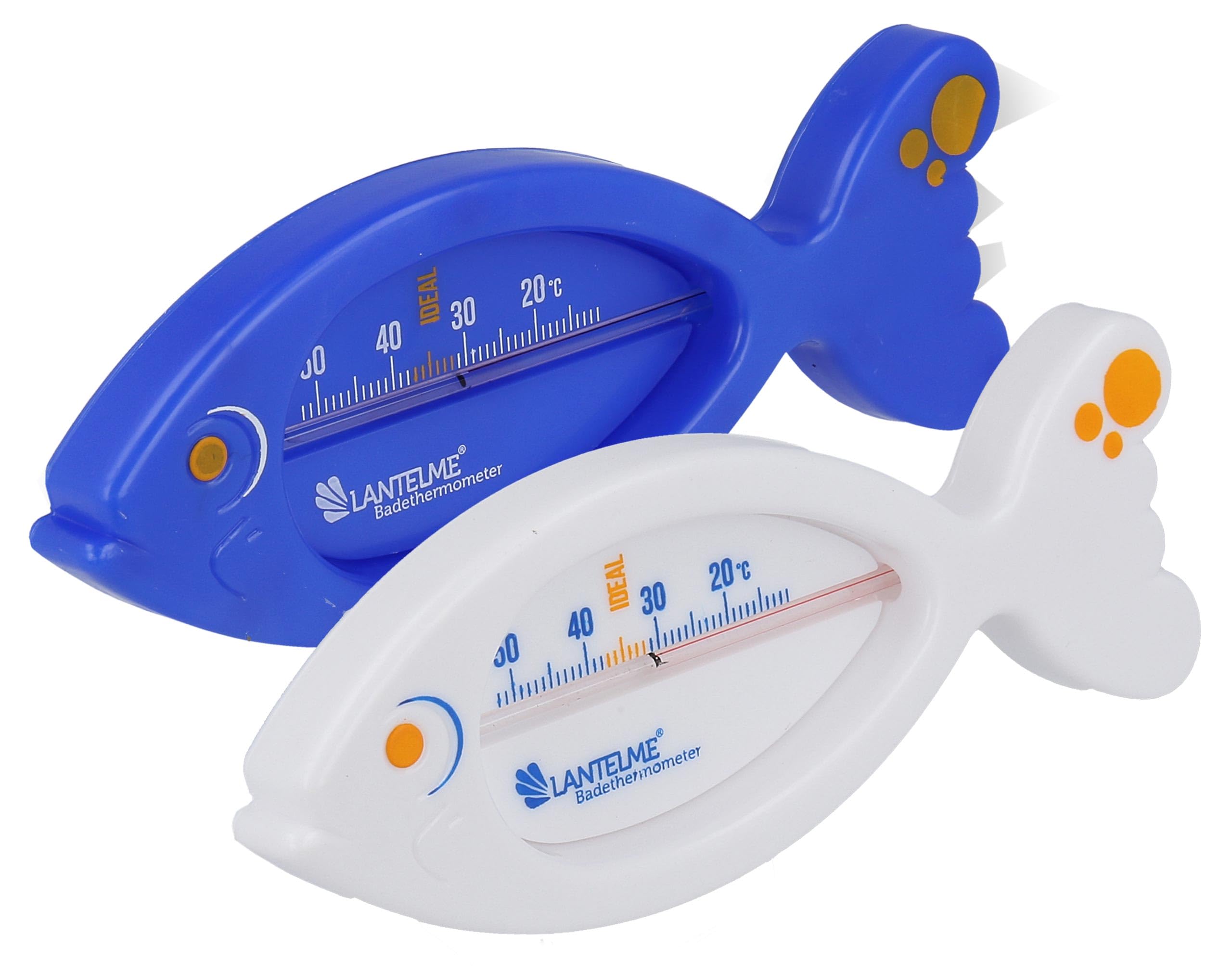 Lantelme 2 Stück Badethermometer Fisch für sicheres Baden in Badewanne | Für Baby Kleinkinder Kinder und Erwachsene | Analog Bade Thermometer Set | Präzise Messung bis 52°C (Blau-Weiß)