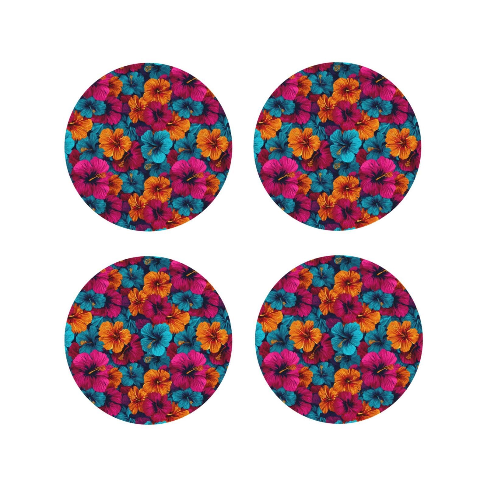 Leather Coasters Set of 4 - Colorful Tropical Flowers Print Lightweight Drink Coasters for Desk