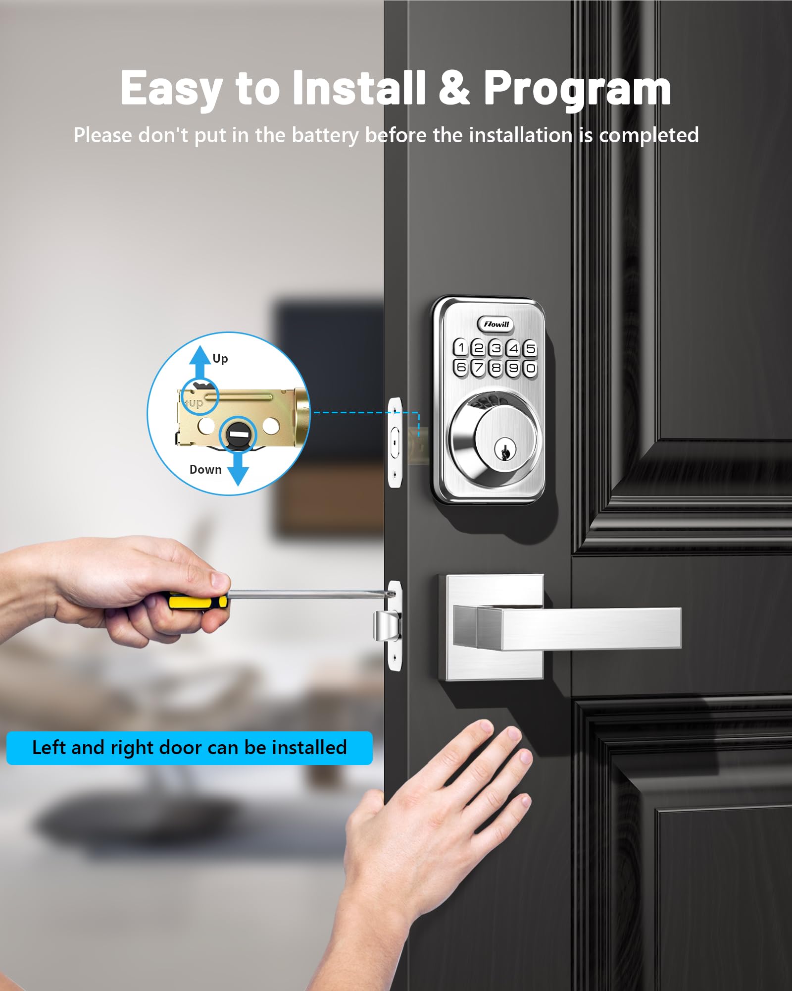 Zowill Serrure de porte d'entrée sans clé avec 2 poignées à levier, pêne dormant à clavier électronique, verrouillage automatique, mot de passe anti-regard, serrure de porte à code intelligent