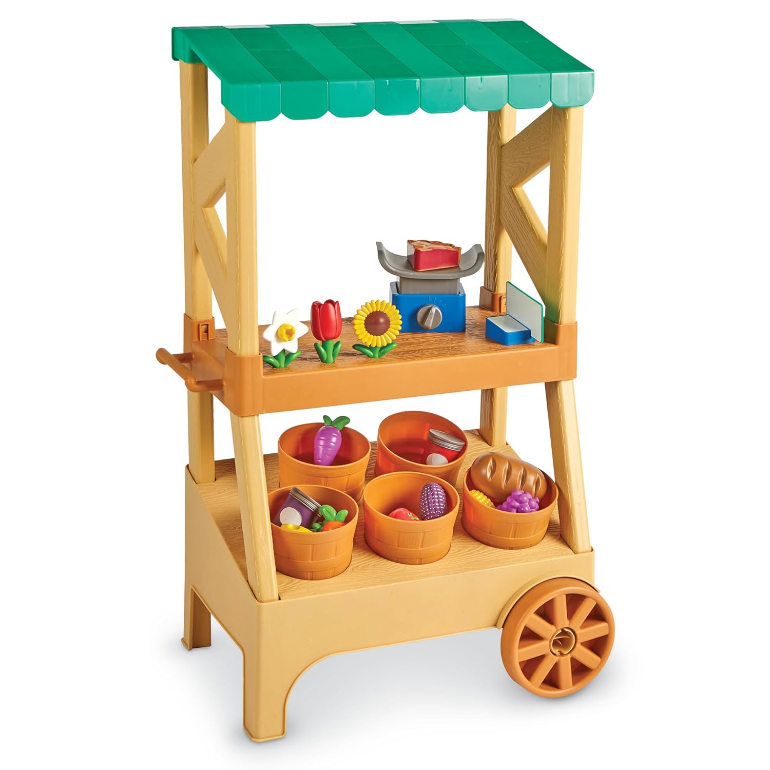 Learning Resources My First Farmstand - Farmers Market Stand Toy for Kids, Rolling Cart with Pretend Play Food, Fruit and Vegetable Baskets, Toddler & Preschool Grocery Shopping Playset