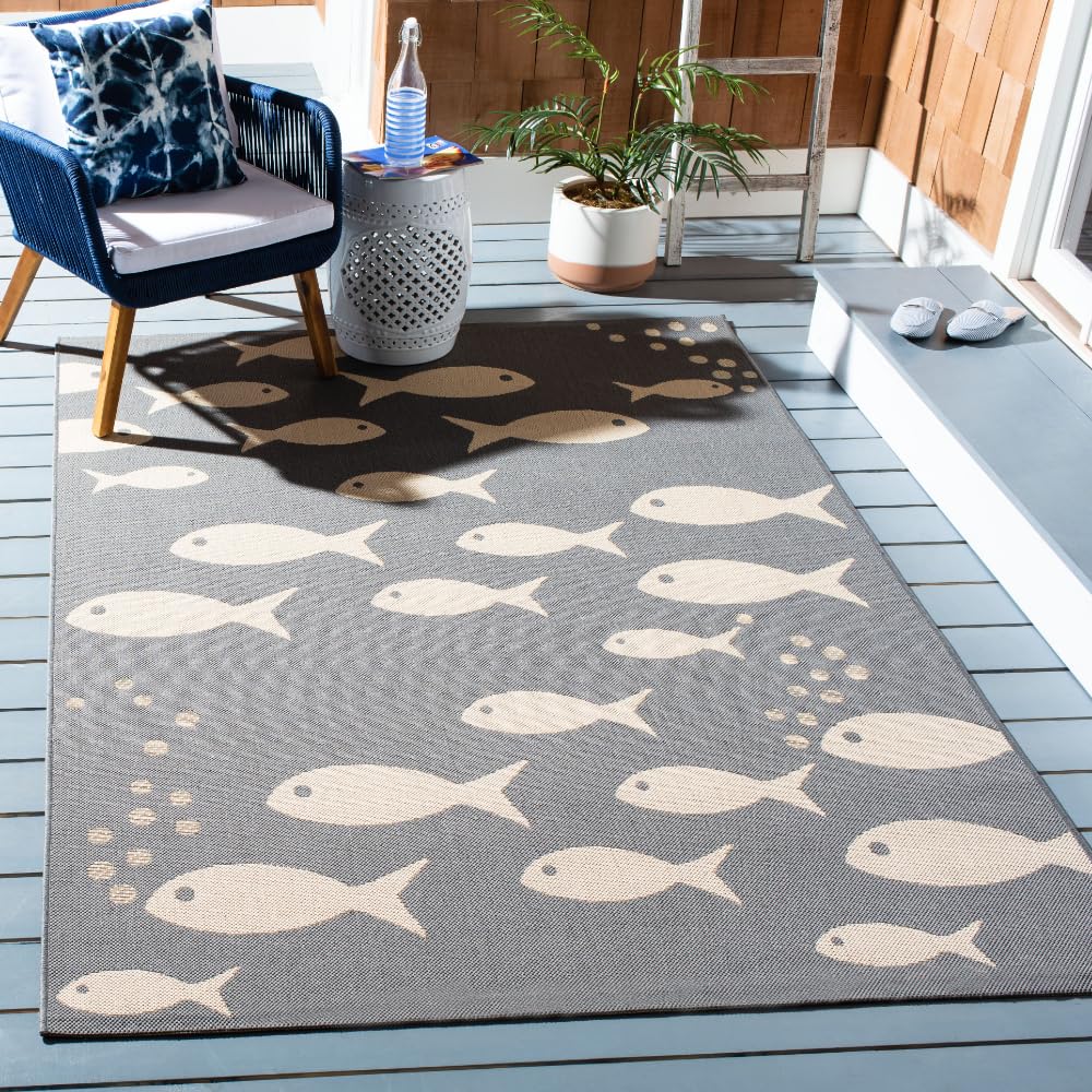 SAFAVIEH Washable Rug Outdoor Courtyard Collection - 6'7" x 9'6", Dark Grey & Beige, Non-Shedding & Easy Cleaning, Ideal for Patio, Backyard, Mudroom