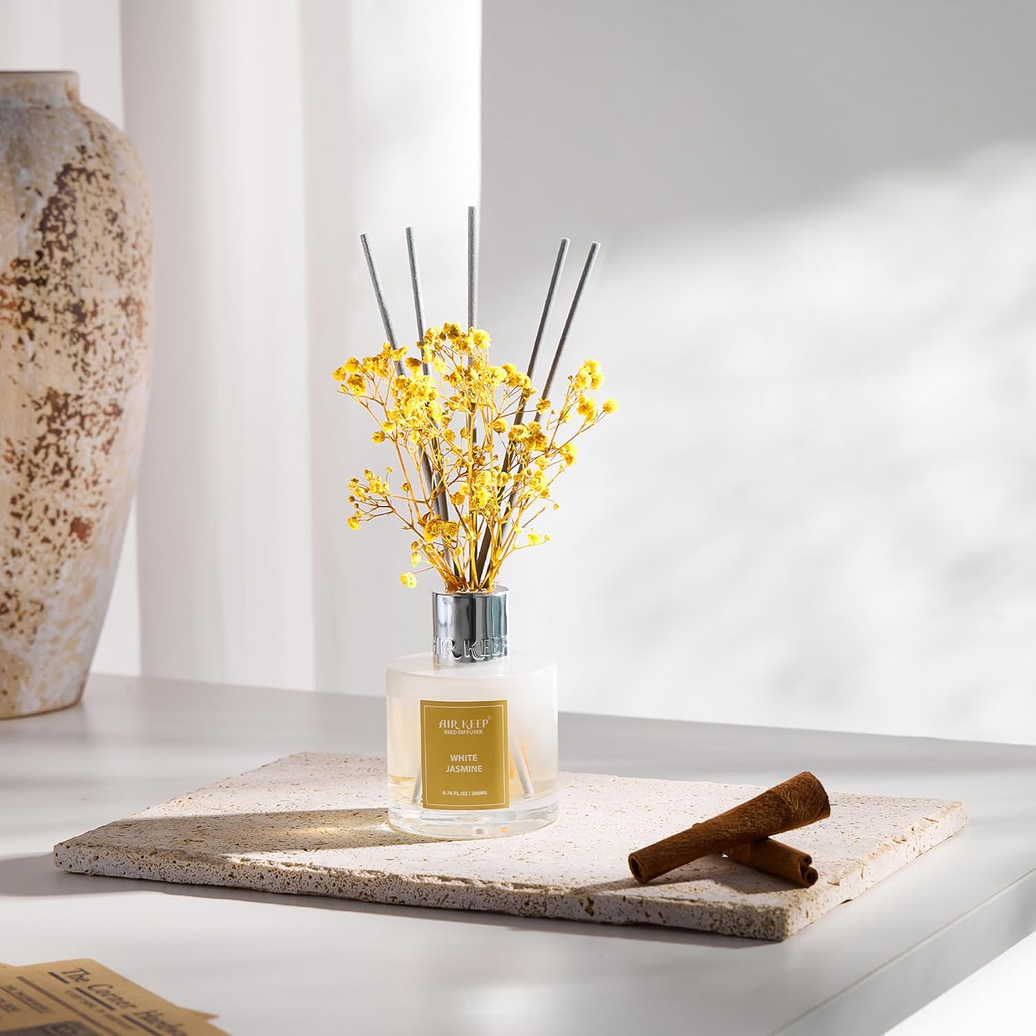 Airkeep Reed Diffuser Set,6.76 fl oz (200 ml) - White Jasmine Oil Diffusers with 8 Reed Sticks, Home Fragrance Reed Diffuser for Bathroom Shelf Decor - Image 3