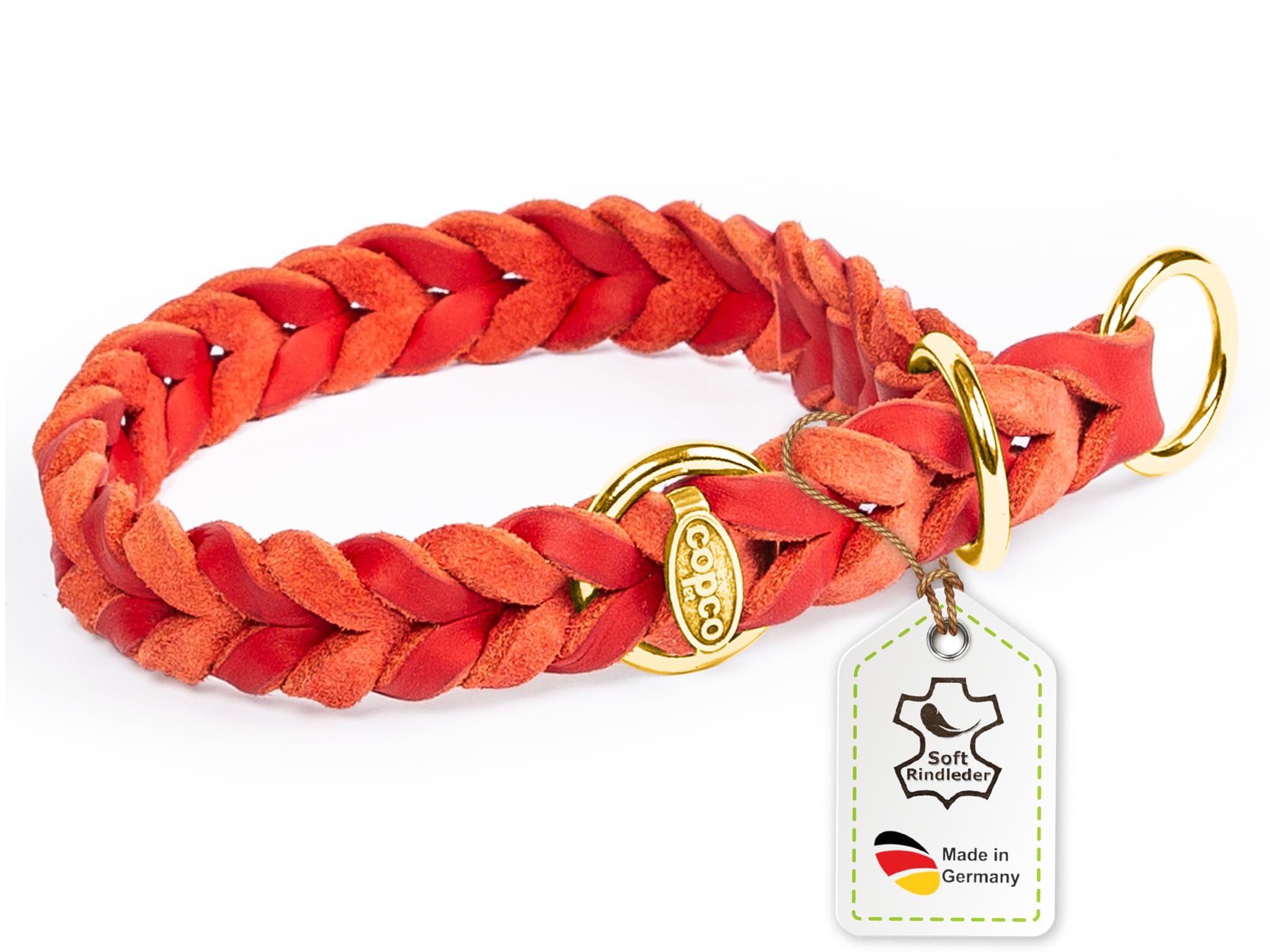 CopcoPet Collare per cani Würger 30–35 cm x 15 mm Rosso – Collare intrecciato con fermo & anello in ottone – In robusto cuoio grasso – Per cani di piccola taglia – Morbido collare in pelle per