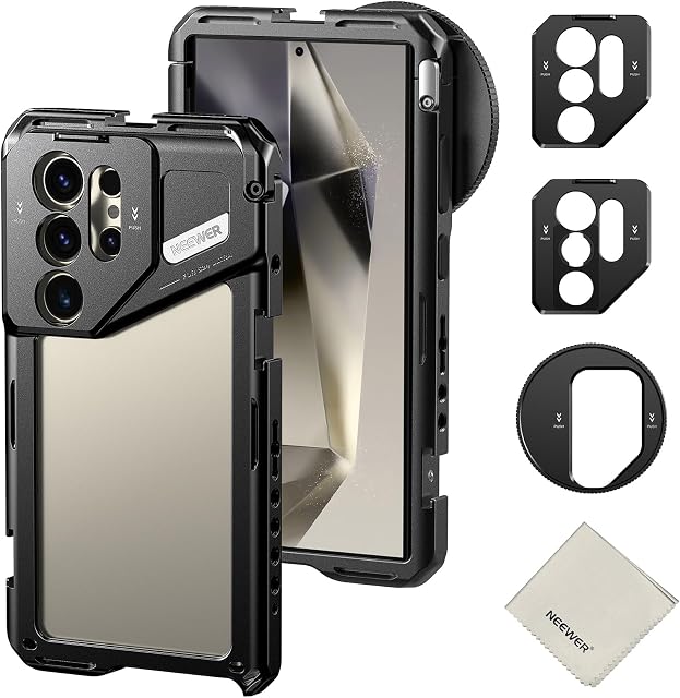 NEEWER S24 Ultra Cage téléphonique avec 67mm Adaptateur de filtres, 17mm Adaptateur d'objectifs, adaptateur de fixation T, tenue de nettoyage, stabilisateur Rig vidéo Smartphone Compatible avec Samsung Moment T Series Objectifs, PA042
