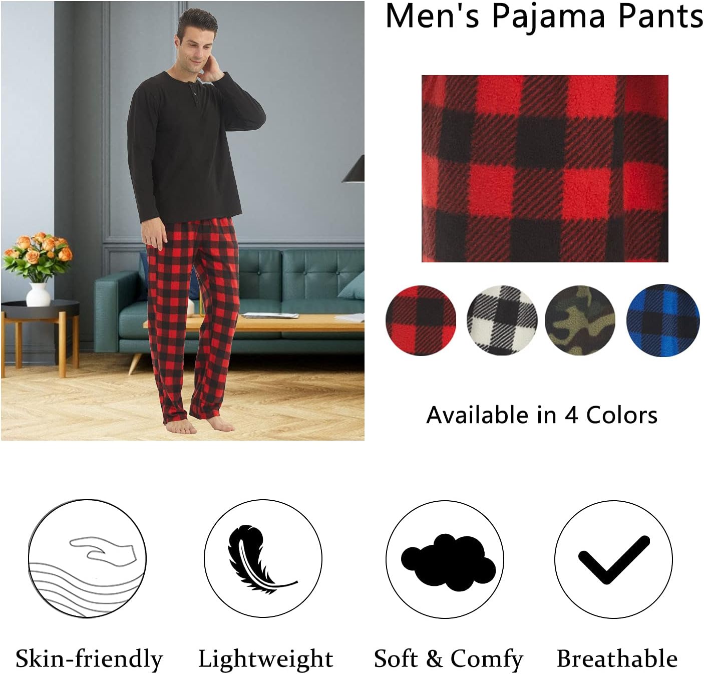 LANBAOSI 2 Pack Mens Pajama Pants Set Bottoms Fleece Lounge Sleepwear Lightweight Plaid pj Pants with Pockets Microfleece - Image 5