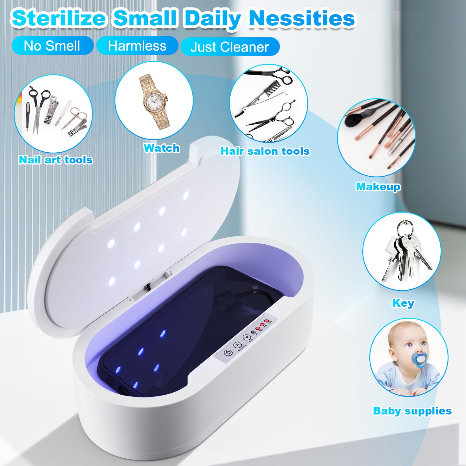 Przenośne narzędzie sterylizator USB, niebieskie światło sterylizacja pudełko do salonu manicure, pęseta, tatuaż, nożyczki, biżuteria, telefon, zegarek, klucze
