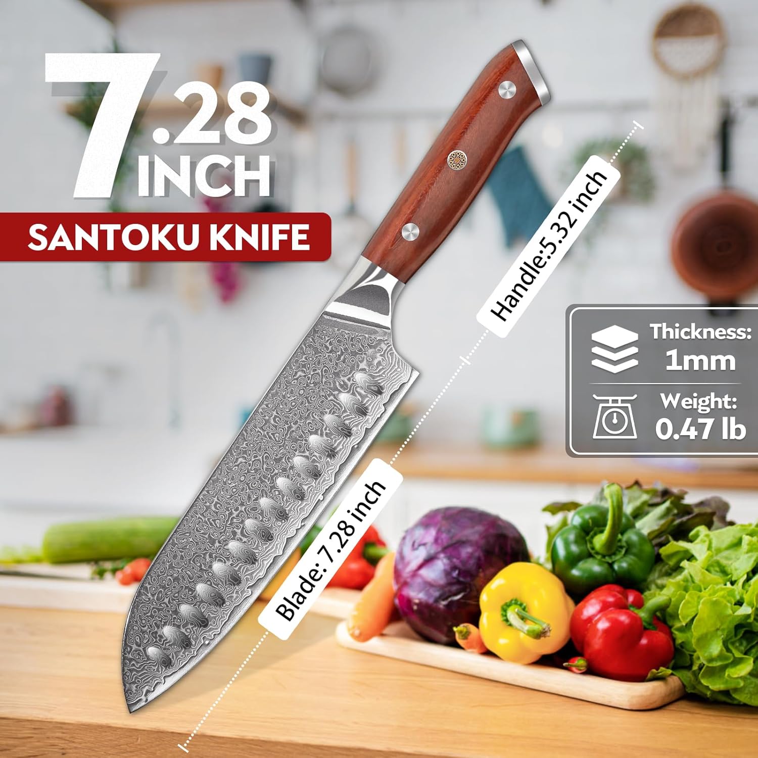 Purple Dragon Santoku Knife 7 Inch, VG10 Steel Damascus Japanese Chef Knife for Kitchen Cooking Meat Cleaver, Cutting Vegetables and Fruit - Christmas Gift for Men and Women