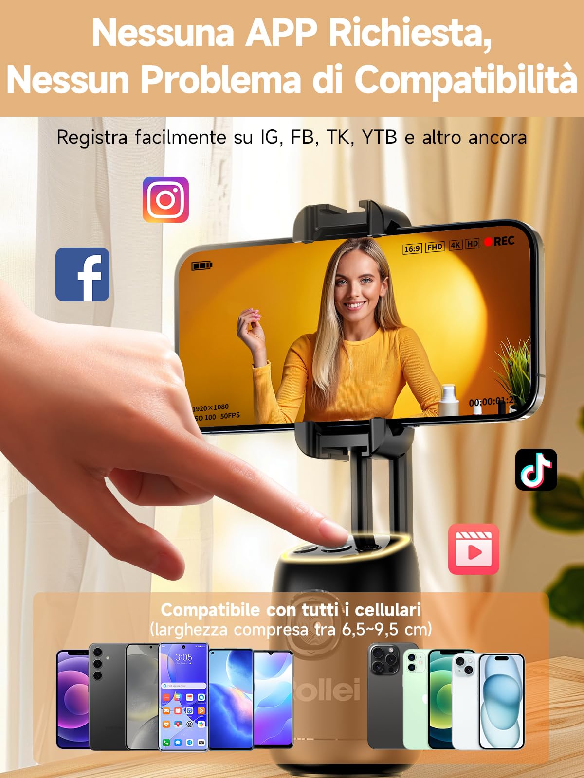 Supporto Smartphone con Tracciamento, Rollei Easy Creator Desktop Auto Tracking Treppiede Stabilizzatore Telefono 360 per Tiktok Live Streaming Video Vlog, Supporto-Smartphone-Treppiede-Stabilizzatore
