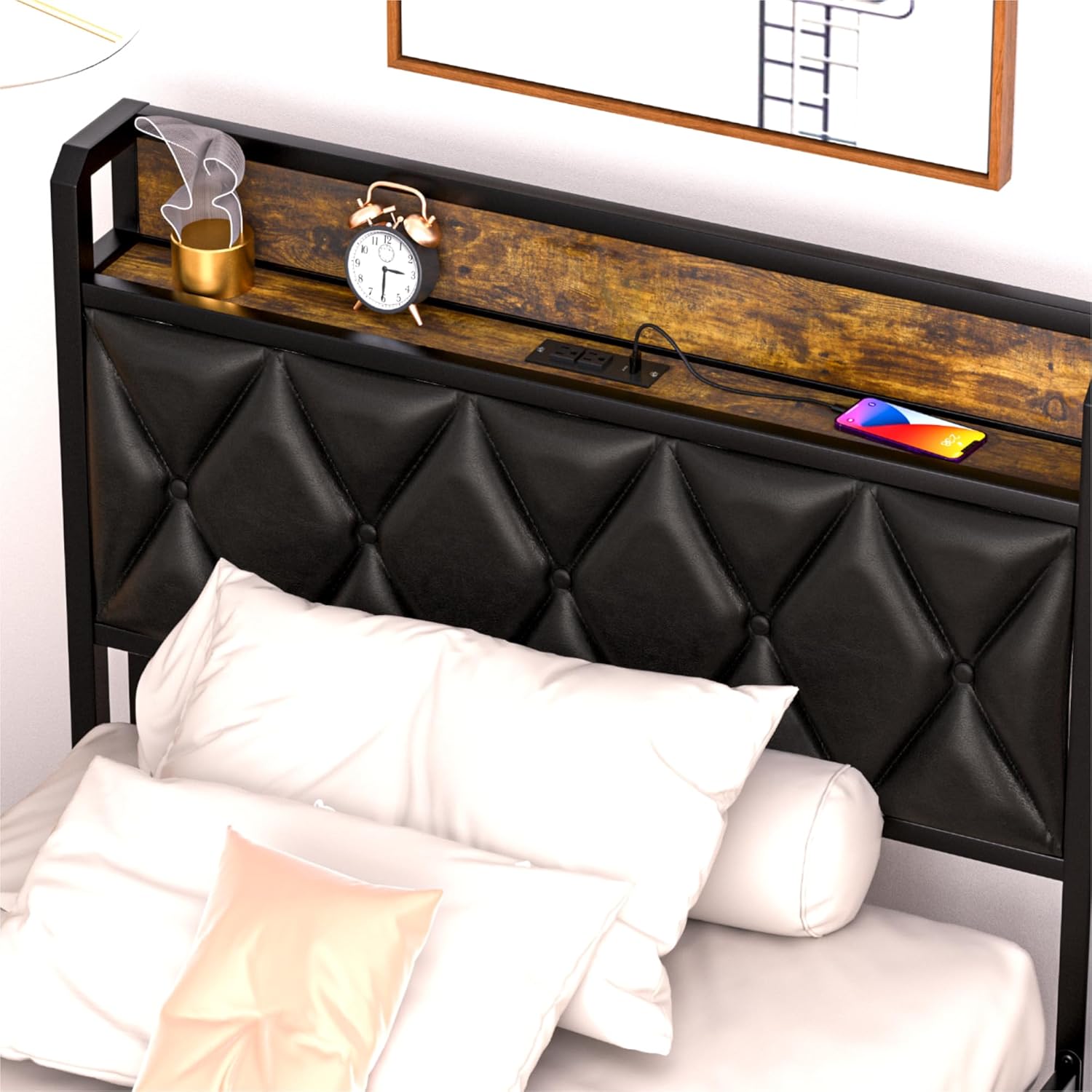 GAZHOME Queen Bed Frame with 4 Storage Drawers and Charging Station, Queen Size Upholstered Platform Bed Storage Headboard, No Box Spring Needed, Heavy Duty Slats, Noise Free, Easy Assembly