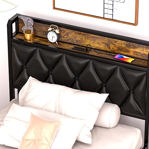 Miniatura 6 de GAZHOME Base de cama individual con 4 cajones de almacenamiento y estación de carga, cabecera de almacenamiento de plataforma tapizada individual,