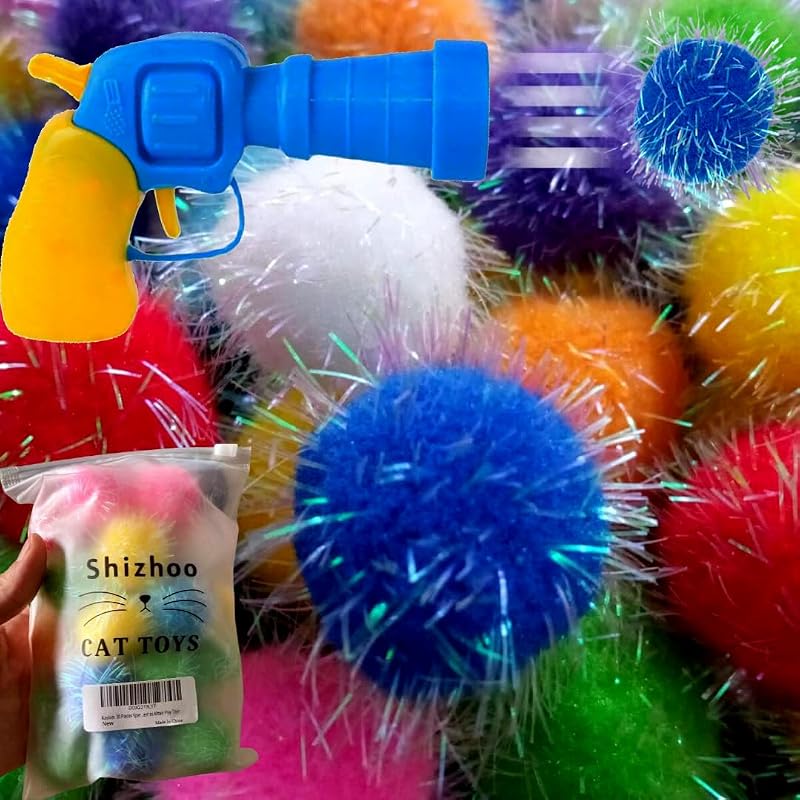 Bolas Pom Pom Brilhantes para Gatos com Lançador, Plush e Polipropileno, Multicoloridas, 30 Unidades - Shizhoo