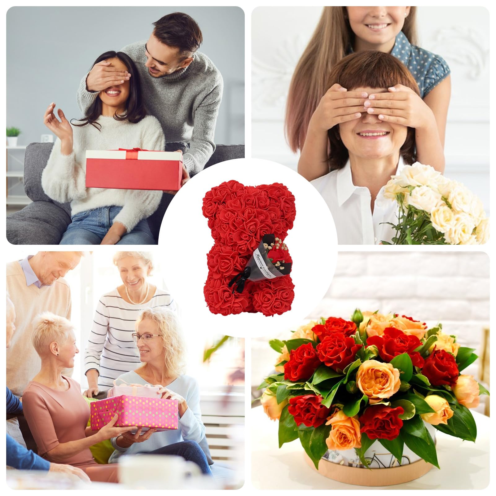 Oso rosa con caja de regalo, oso de rosa artificial con ramo de rosas, regalo romántico para Navidad, día de San Valentín, cumpleaños, día de la madre, aniversario (24 x 16 cm)