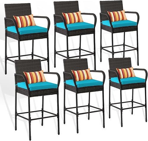 Miniatura 13 de Sundale Outdoor Juego de 4 taburetes de bar, 4 sillas de mimbre de ratán, silla de altura de barra de patio con brazos, cojín beige, muebles