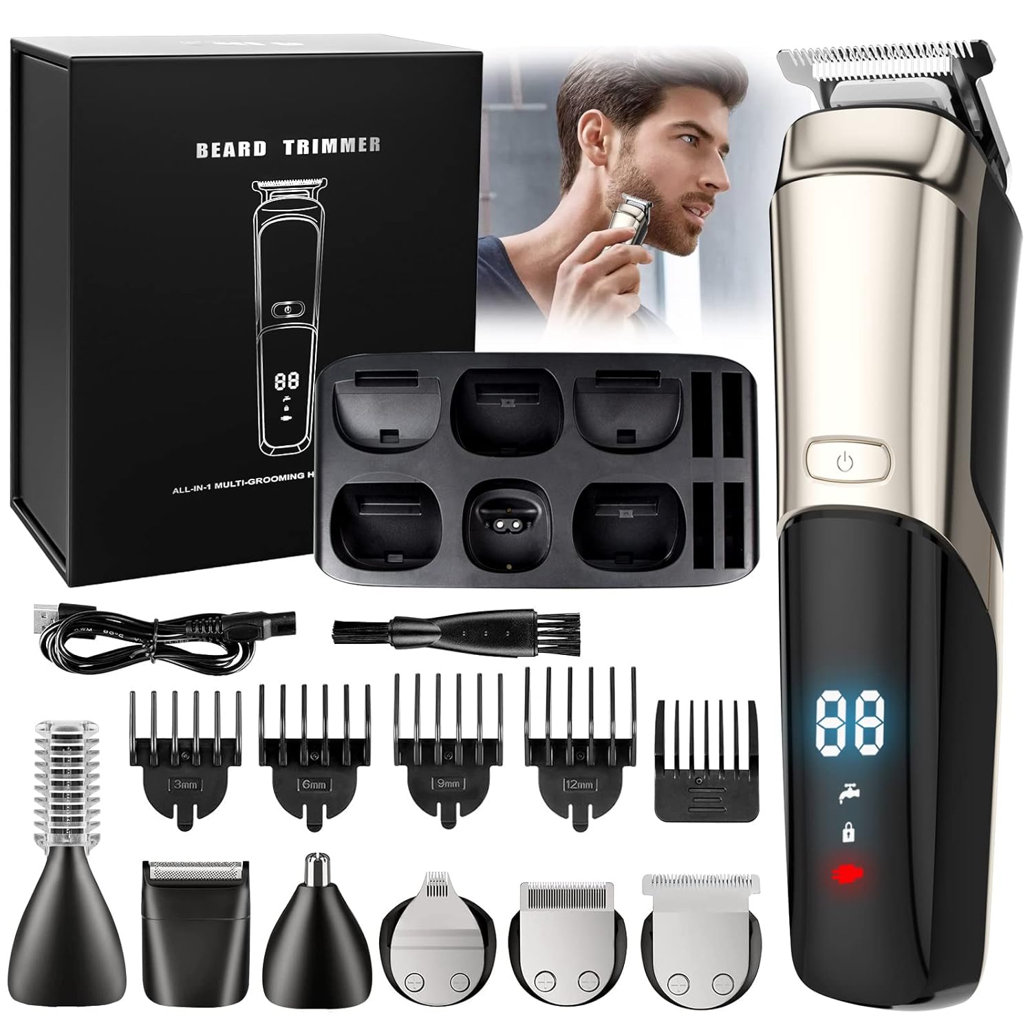 Beard Trimmer Cordless Hair Clippers for Men Body Hair Trimmer Mustache Nose Facial Cutting Groomer Waterproof Electric Shaver