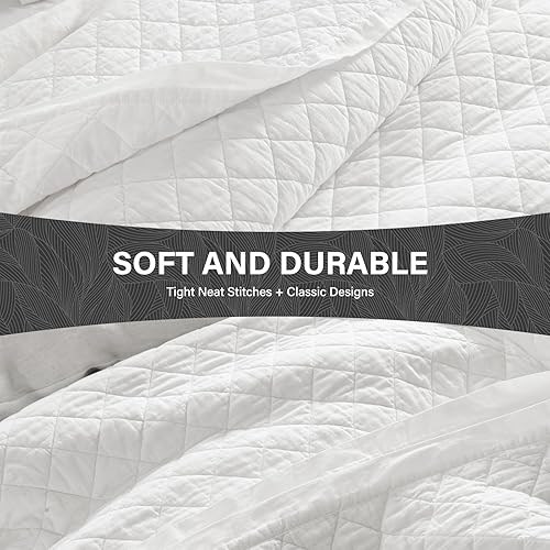 Miniatura 4 de SahSahCasa Juego de edredón tamaño Queen, juego de ropa de cama 100% algodón, costuras con patrón de diamante, color sólido, elegante, ligero,