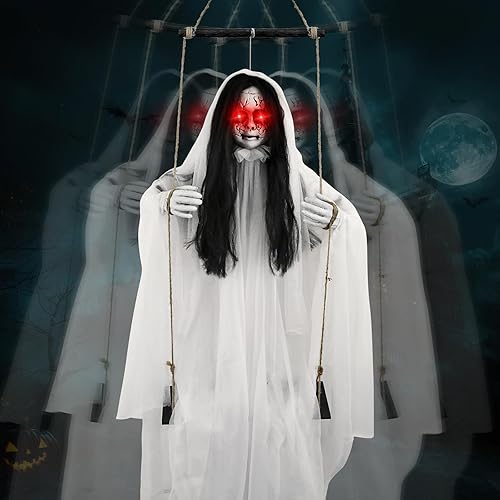 Scary Halloween Decorations Outdoor, Hanging Swinging Girl with Sound &