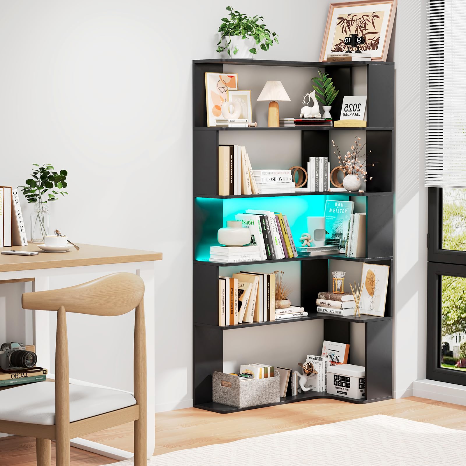 Libreria Angolare con Striscia Luminosa a LED, 5 Ripiano Libreria Nero, scaffale a forma di L, 90 x 48 x 169 cm, Grande Verticale per Soggiorno, Camera da Letto, Ufficio
