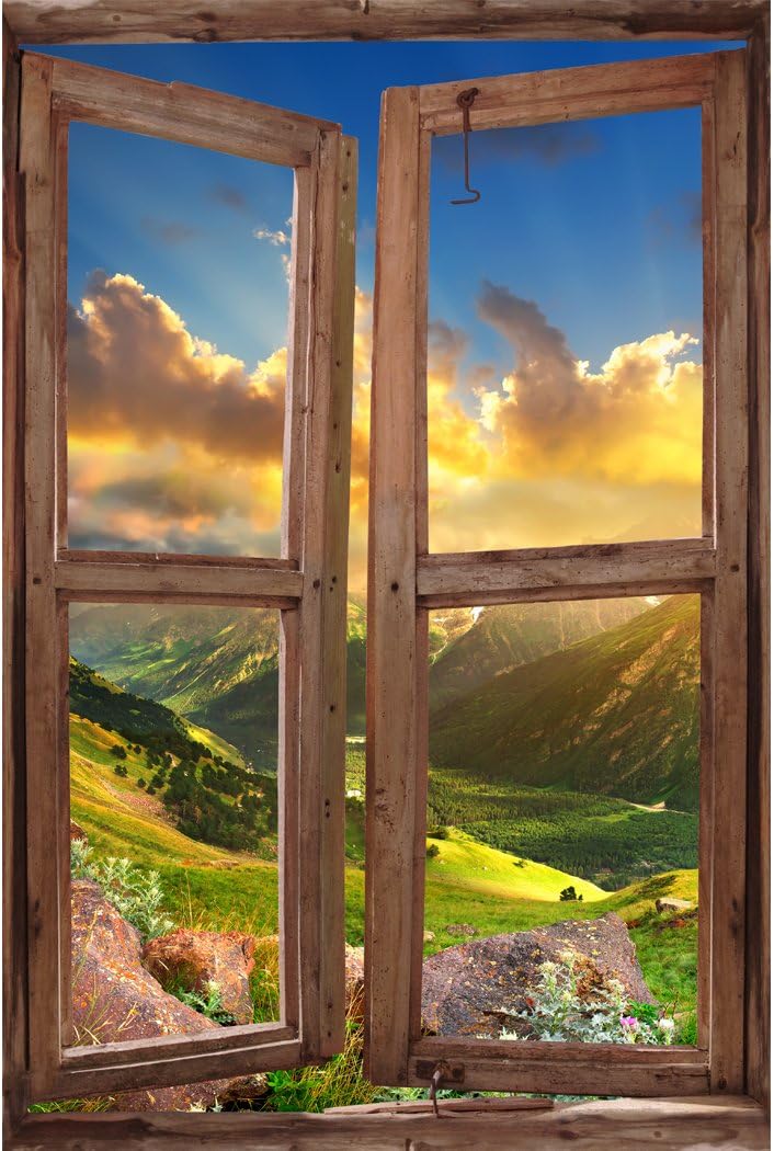 RoyalWallSkins Window Wall Mural Valley During Sunset, Peel and Stick Fabric Illusion 3D Wall Decal Photo Sticker