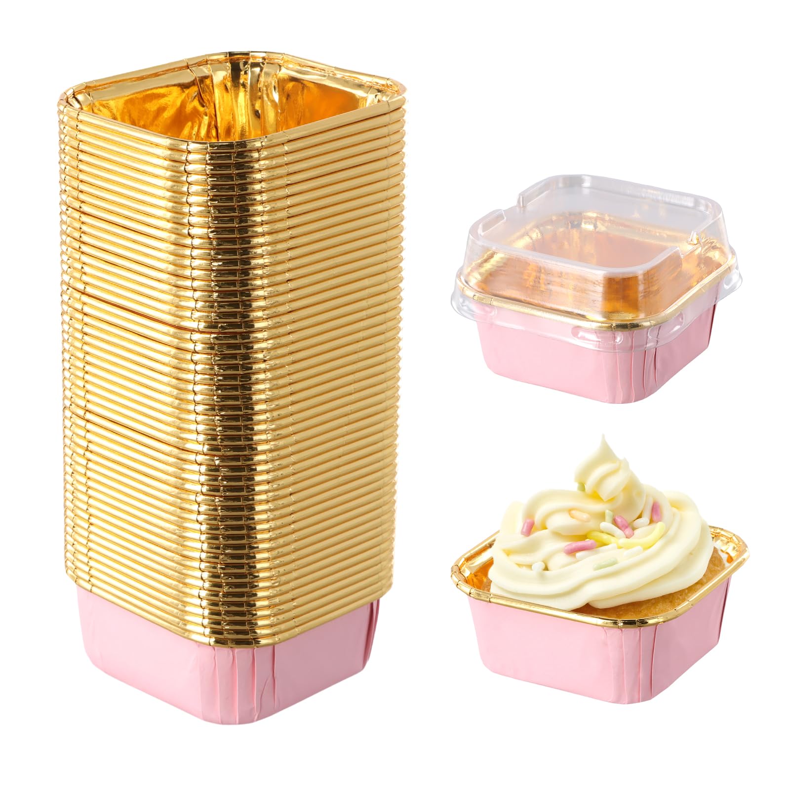 Amexo Pirottini Per Muffin In Carta, 50 Pezzi Mini Teglie Per Pane Con Coperchi, Stampi Muffin Quadrato Pirottini Cupcake In Foglio Di Alluminio Per Festa Compleanno Matrimonio