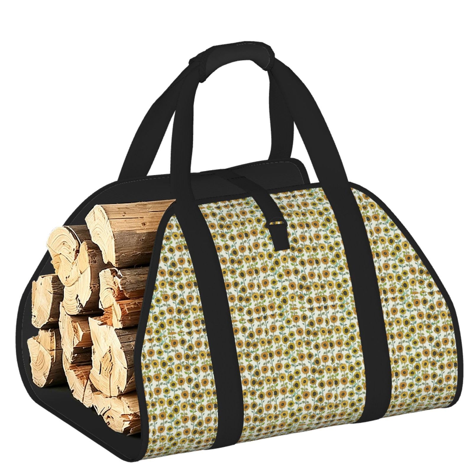 Ayyqwe Black Romantic Sunflowers Print Firewood Bag Wood Waterproof Versatile Camping Picnic Storage Daily Home