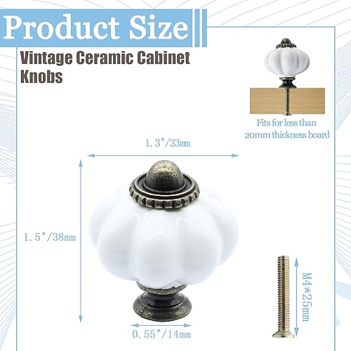 Miniatura 2 de Luomorgo 12 pomos de cerámica blanca, pomos de cajón de calabaza, pomos de cerámica retro para aparador, manijas antiguas para armario de cocina,
