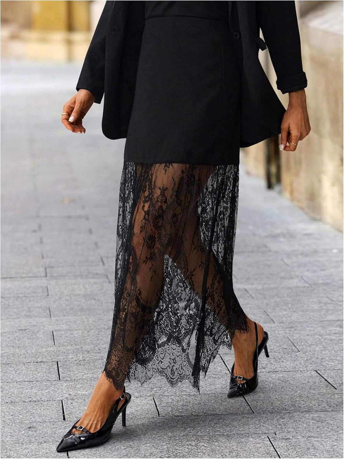 Floerns Women's Elegant High Waisted Lace Skirt See Through Business Casual Work Maxi Skirt