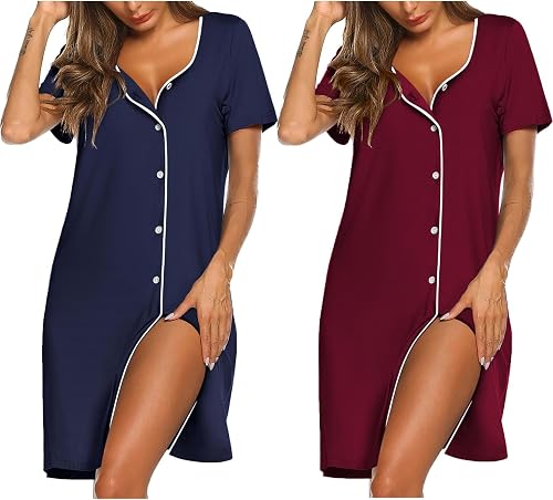 Ekouaer Nightgowns for Women 2 Pack Night Gowns Button Down Sleep Shirts
