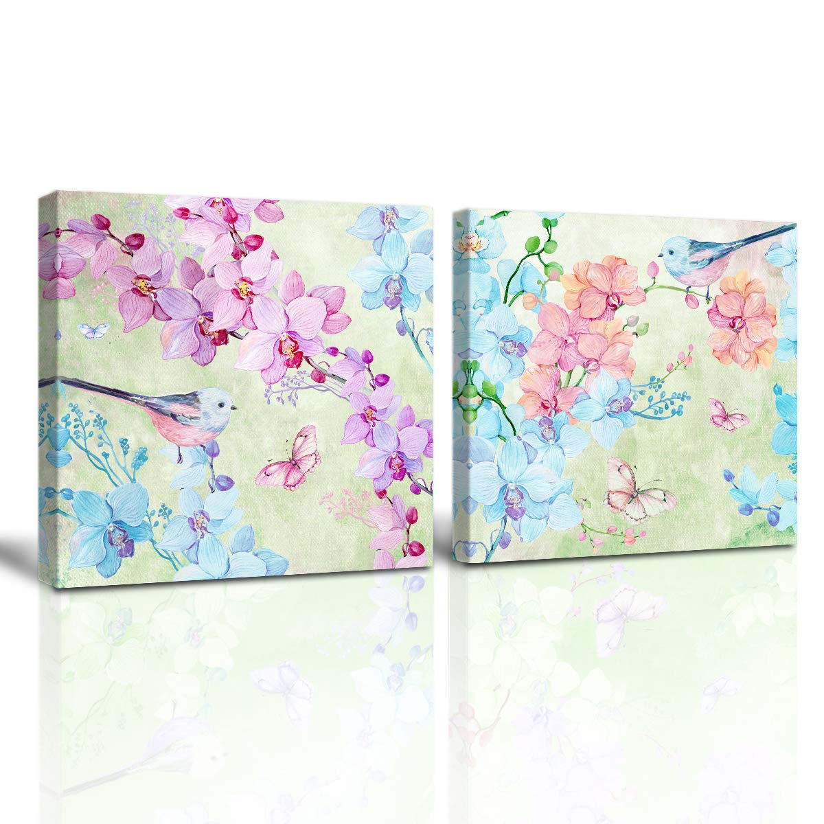 A Cup of Tea Butterfly Orchid Flowers Picture Modern Canvas Print Birds Wall Art Watercolor Artwork Paintings for Living Room Decoration Framed Ready to Hang 12x12 Inch 2Pcs